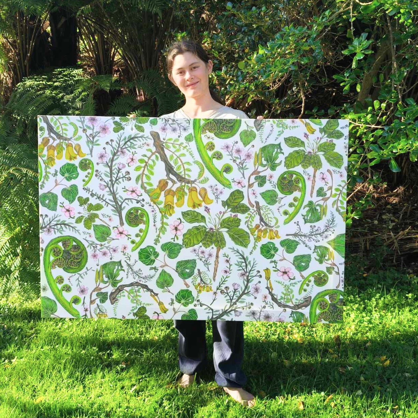 NZ Flora Large Canvas Wall Art – Hand-Drawn in NZ by Milly (120 x 80 cm)