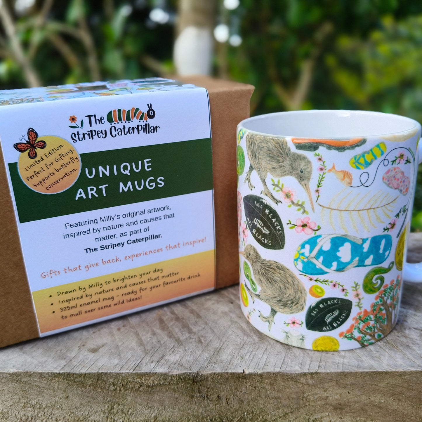 Milly’s hand-drawn kiwiana design on ceramic mug from The Stripey Caterpillar