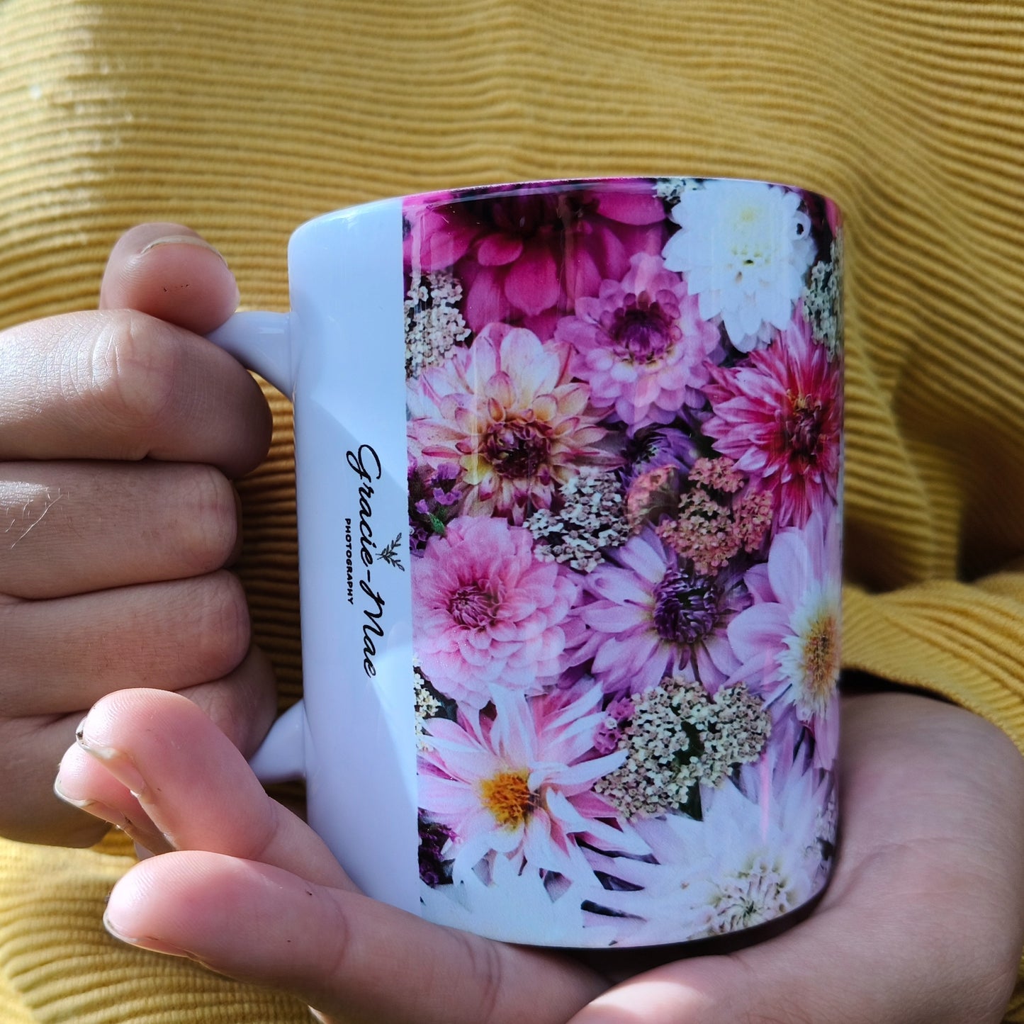 Nature photography ceramic mug featuring dahlias by Gracie-Mae