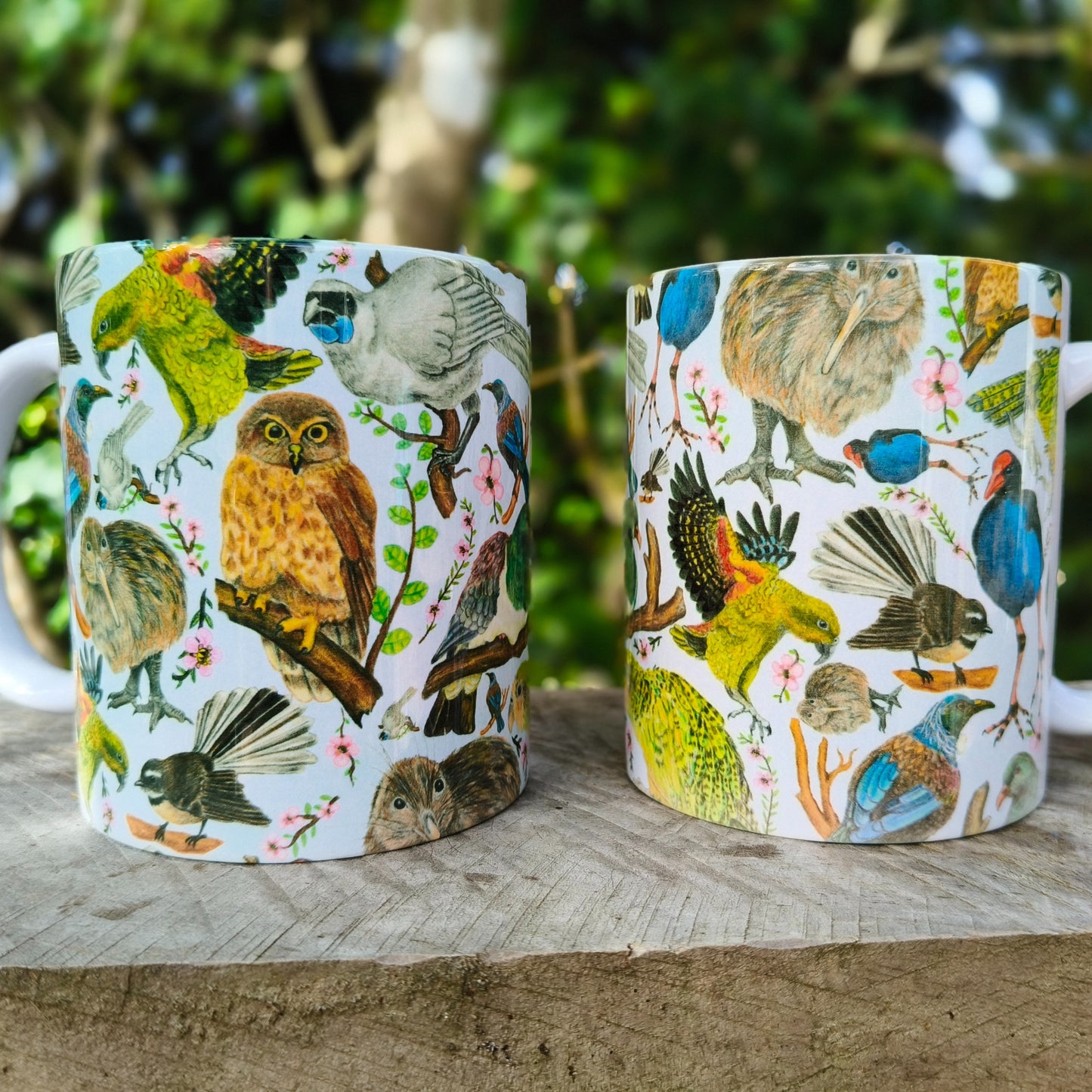 Milly’s hand-drawn NZ Birds design on ceramic mug from The Stripey Caterpillar