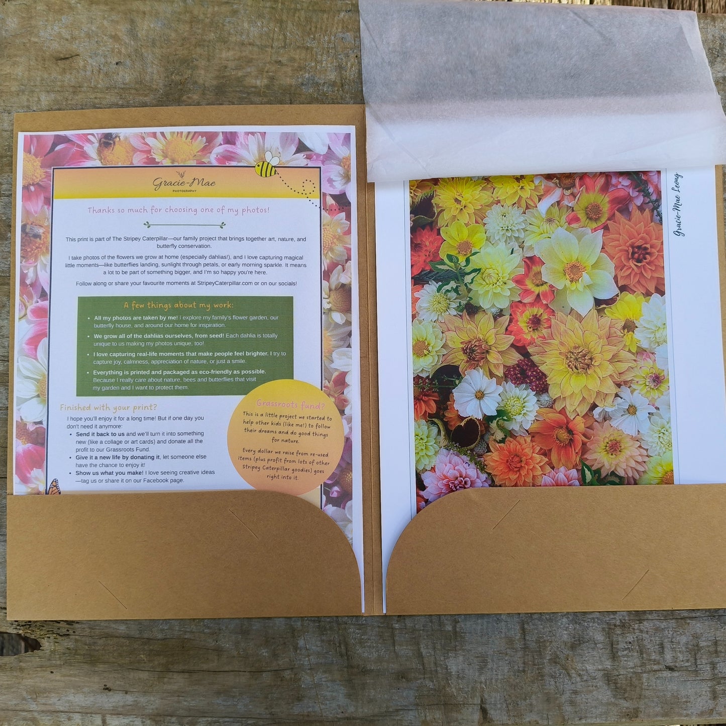 Sunny Dahlia flatlay art print by Gracie-Mae – available in A4, A3, A2