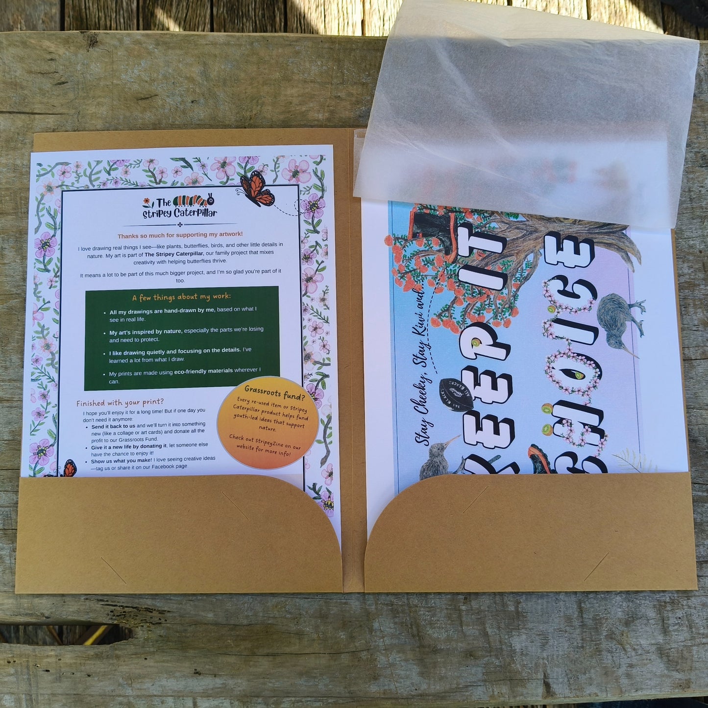 Kiwiana-themed art print by Milly – hand-drawn design featuring a sheep, kiwi and gumboots