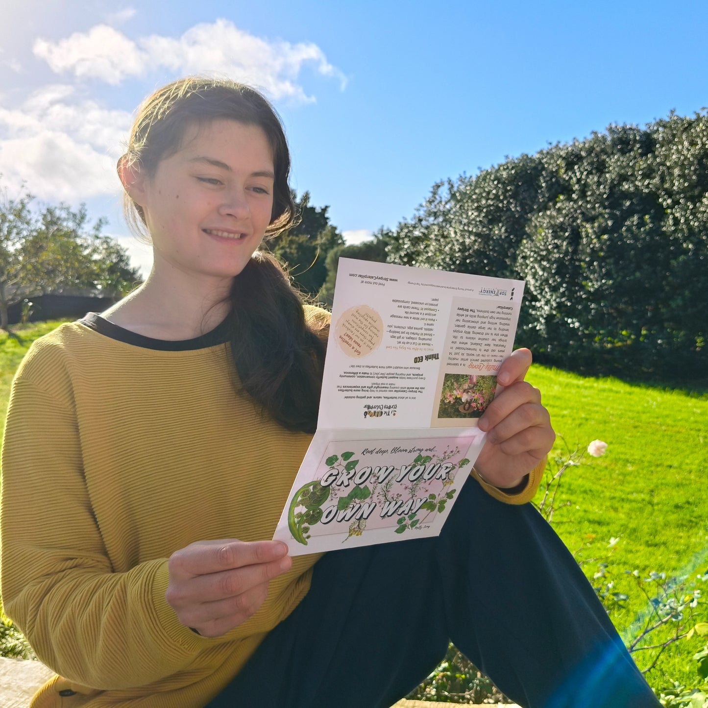 Grow Your Own Way saying with hand drawn NZ native leaves by Milly.