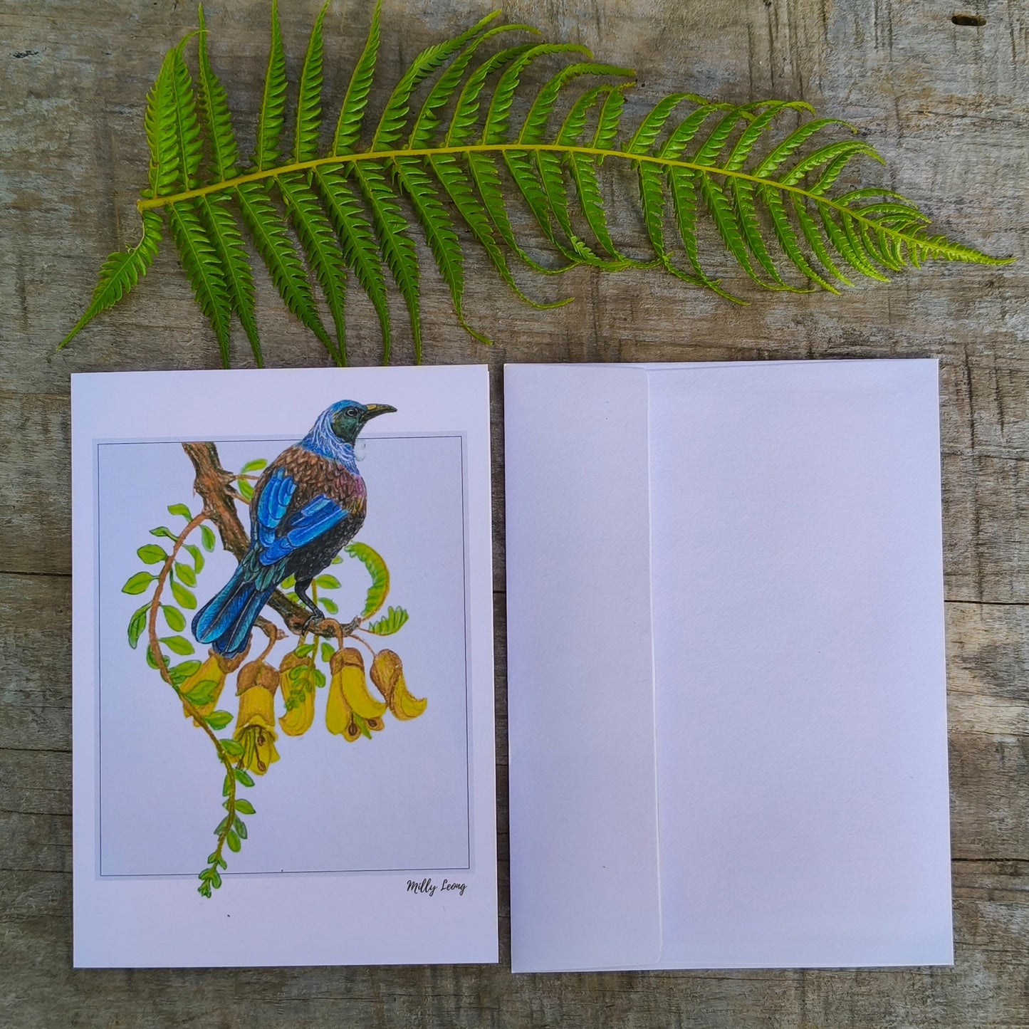 Tui on a kowhai branch greeting card by Milly at the Stripey Caterpillar.