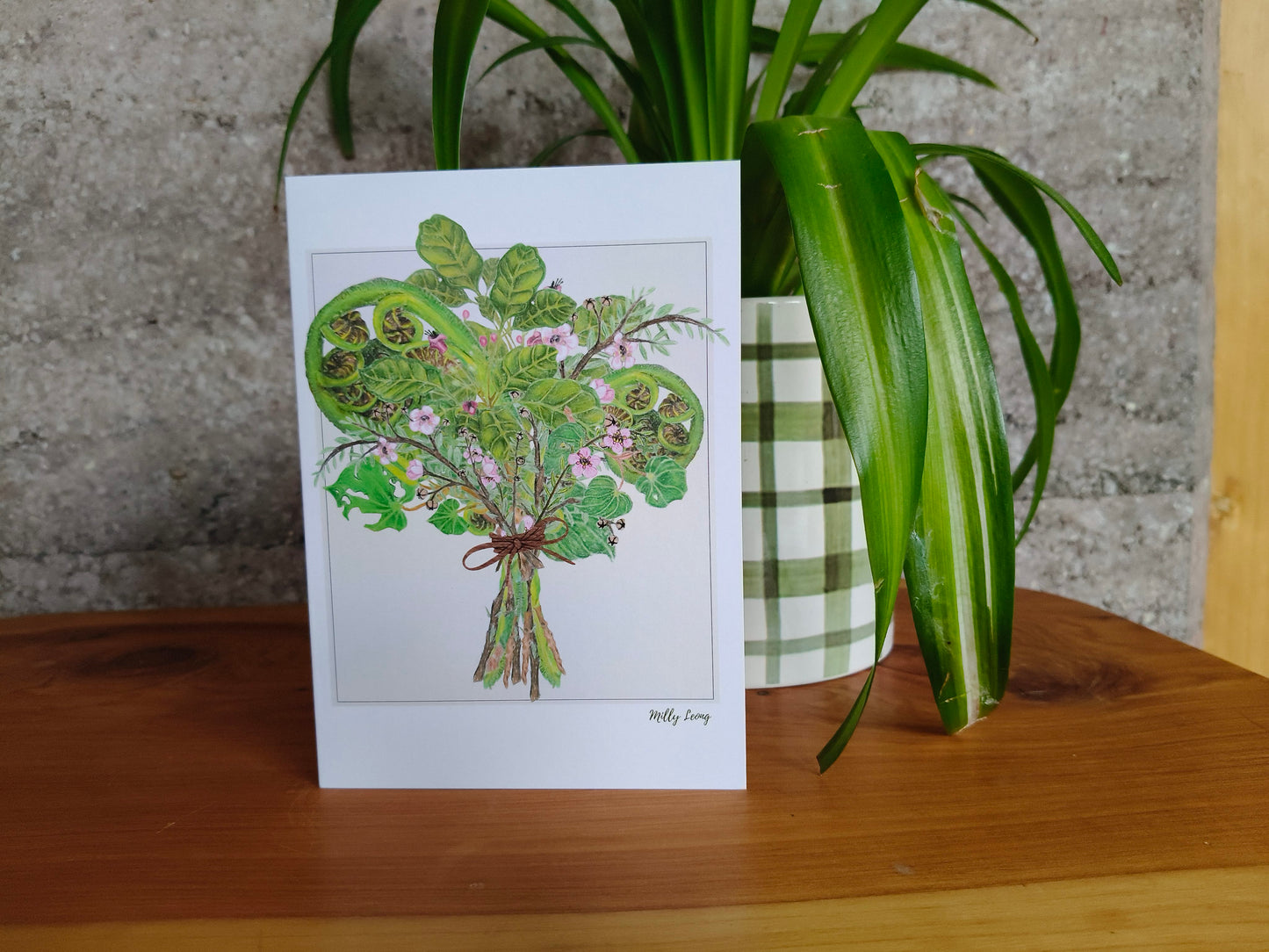 Hand-drawn native leaf bouquet greeting card by Milly – blank inside