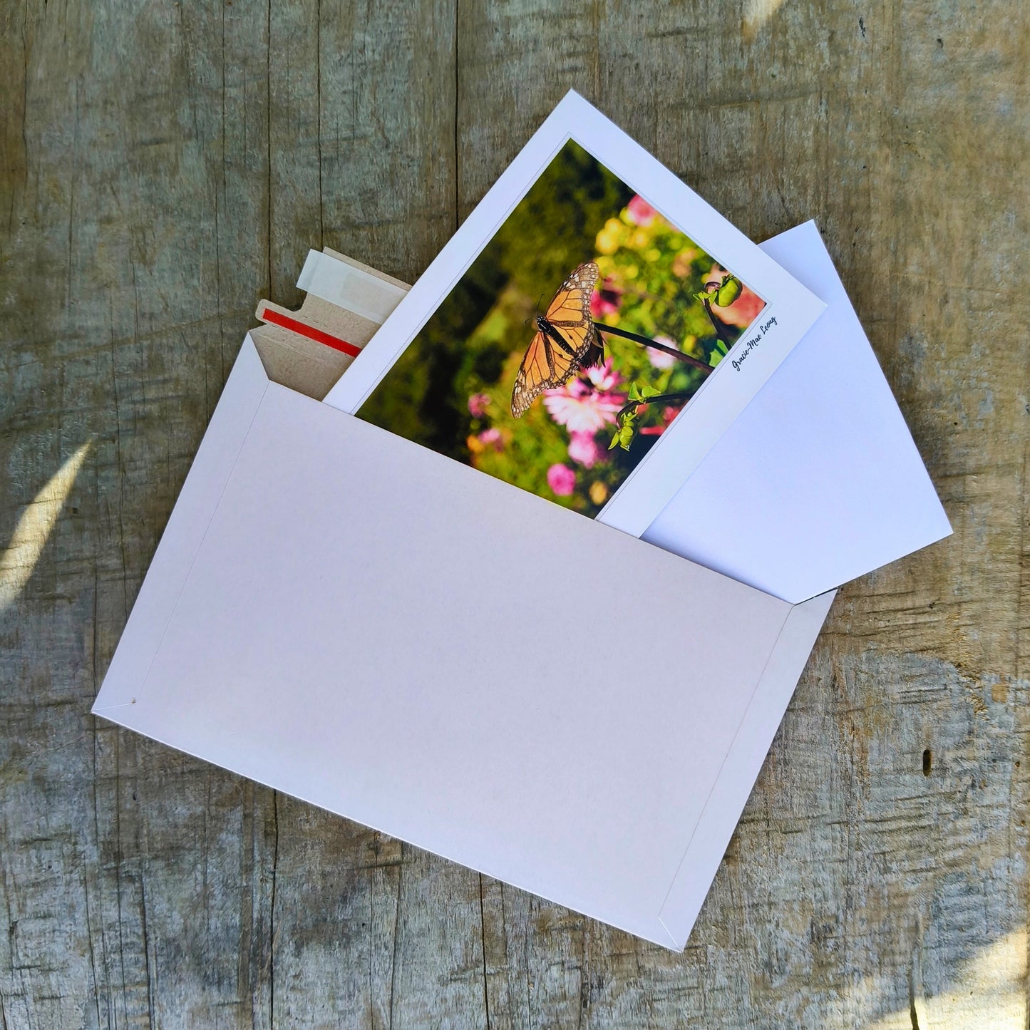 Greeting card featuring monarch butterfly on dahlia bud photography by Gracie-Mae – blank inside