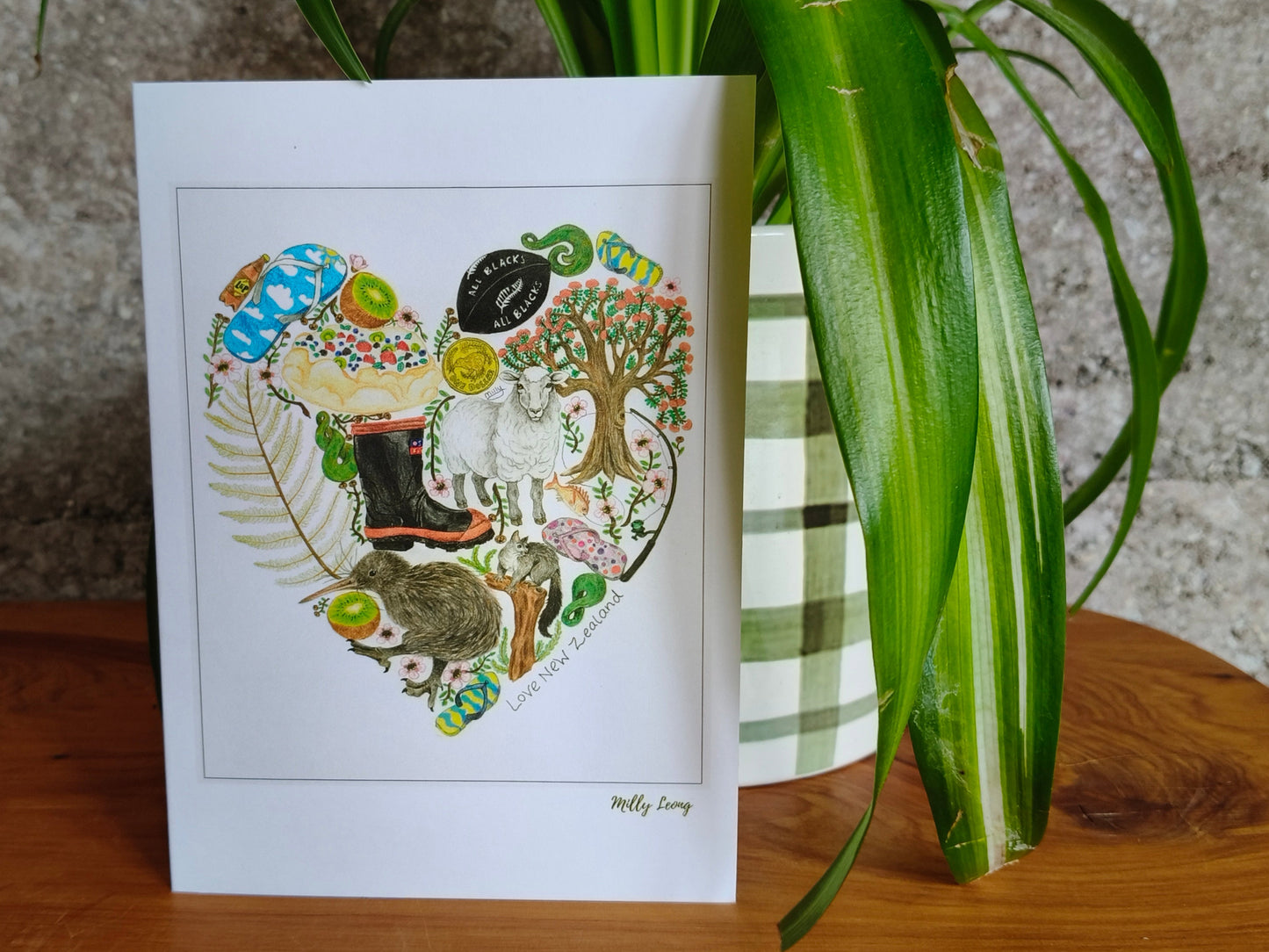 Hand-drawn Kiwiana heart greeting card by Milly – blank inside