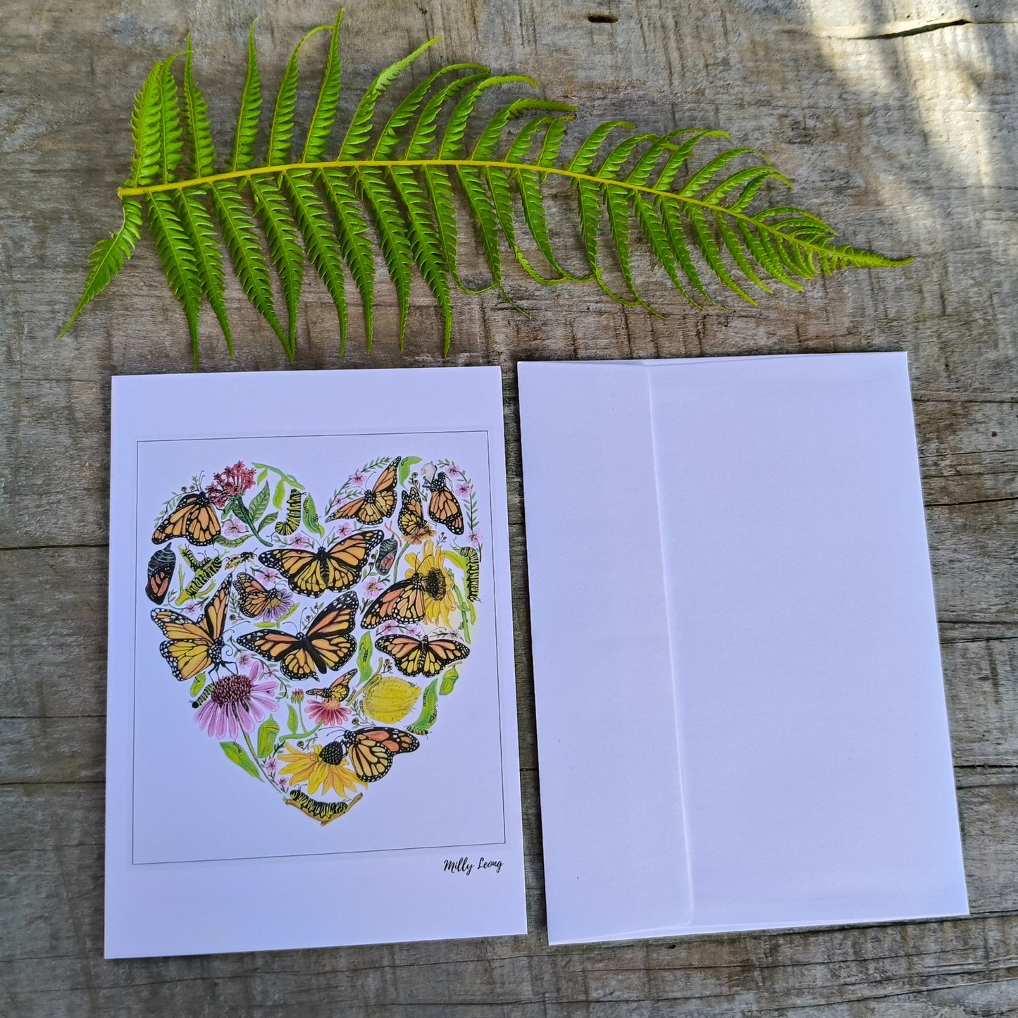 Hand-drawn butterfly heart greeting card by Milly – blank inside