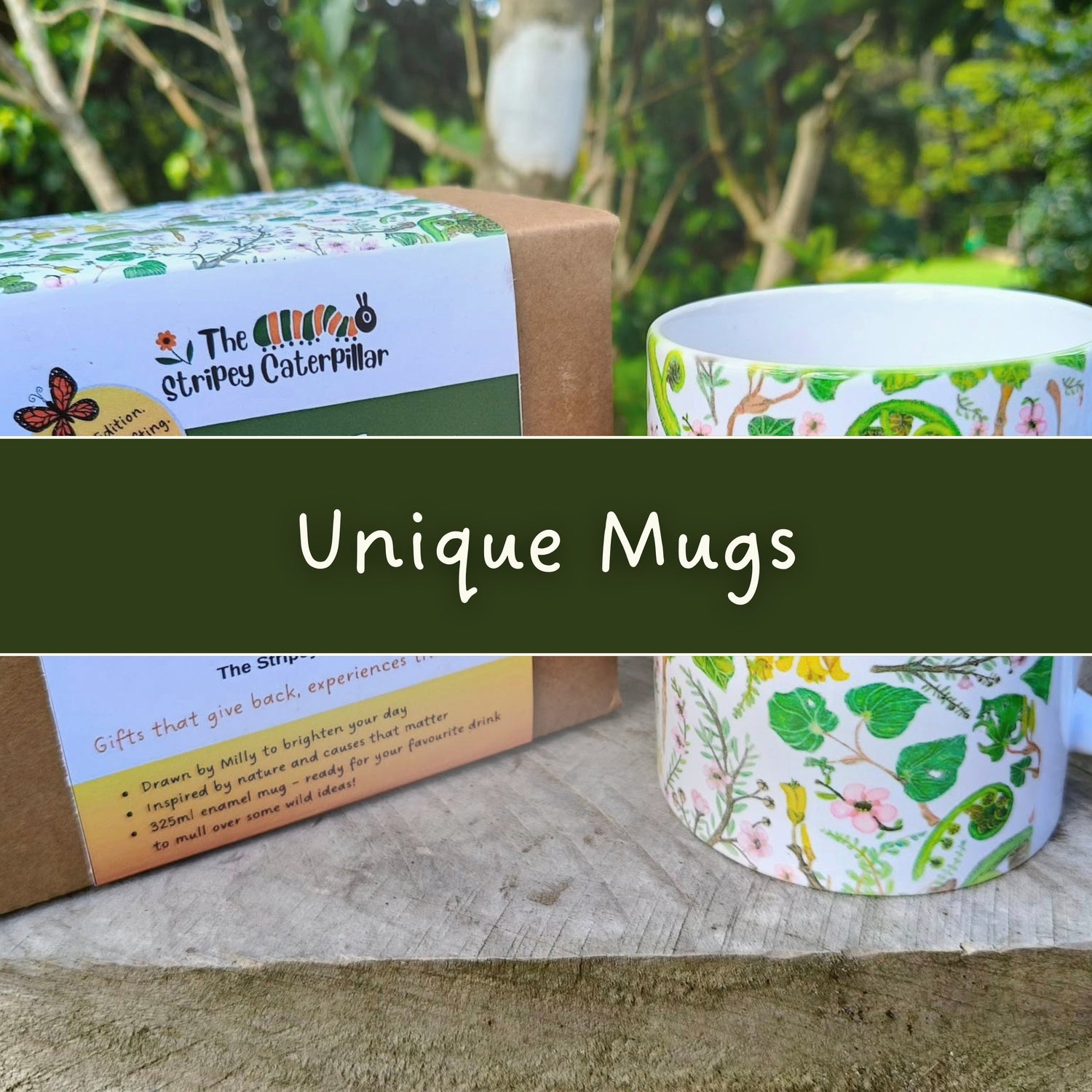 Nature and butterfly-themed mugs designed by Milly and Gracie-Mae