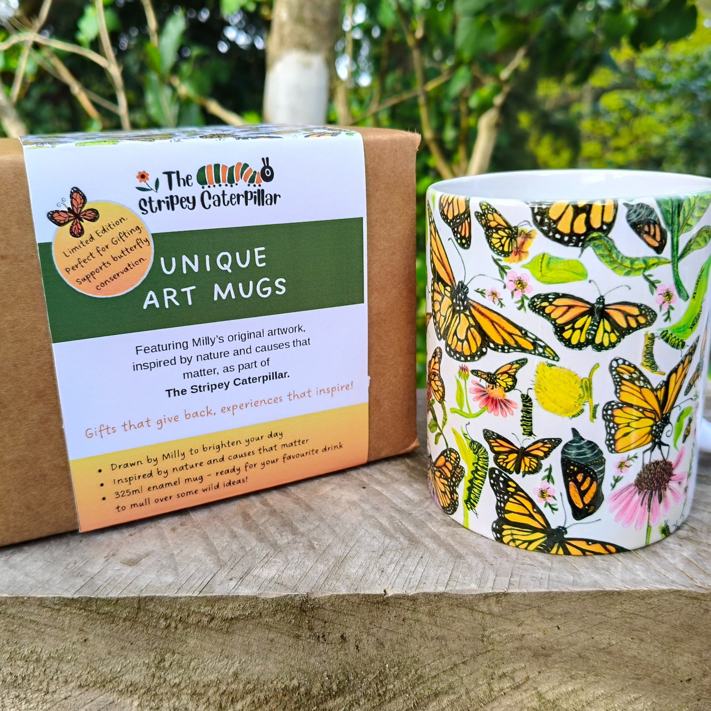 Milly’s hand-drawn butterfly design on ceramic mug from The Stripey Caterpillar