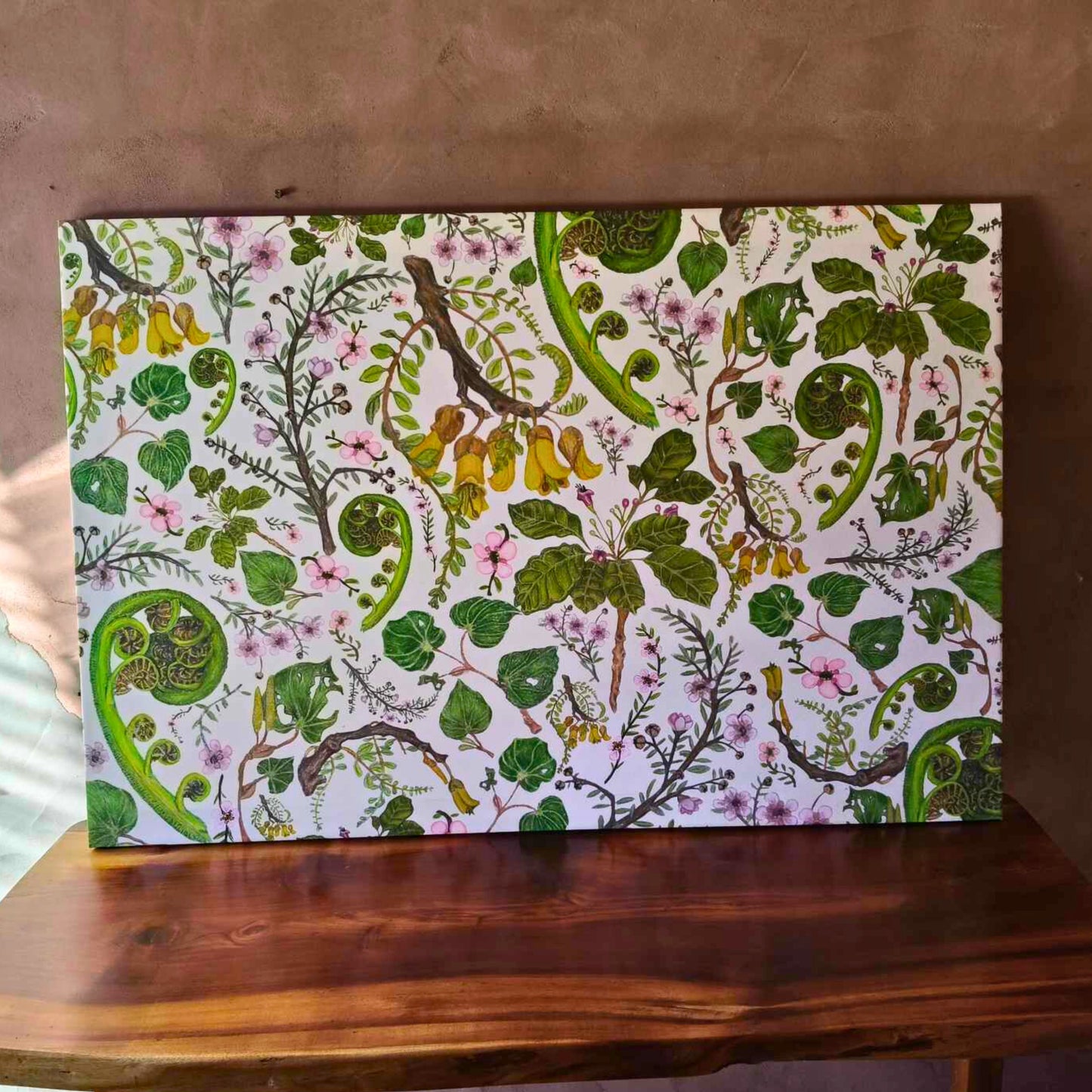 NZ Flora Large Canvas Wall Art – Hand-Drawn in NZ by Milly (120 x 80 cm)