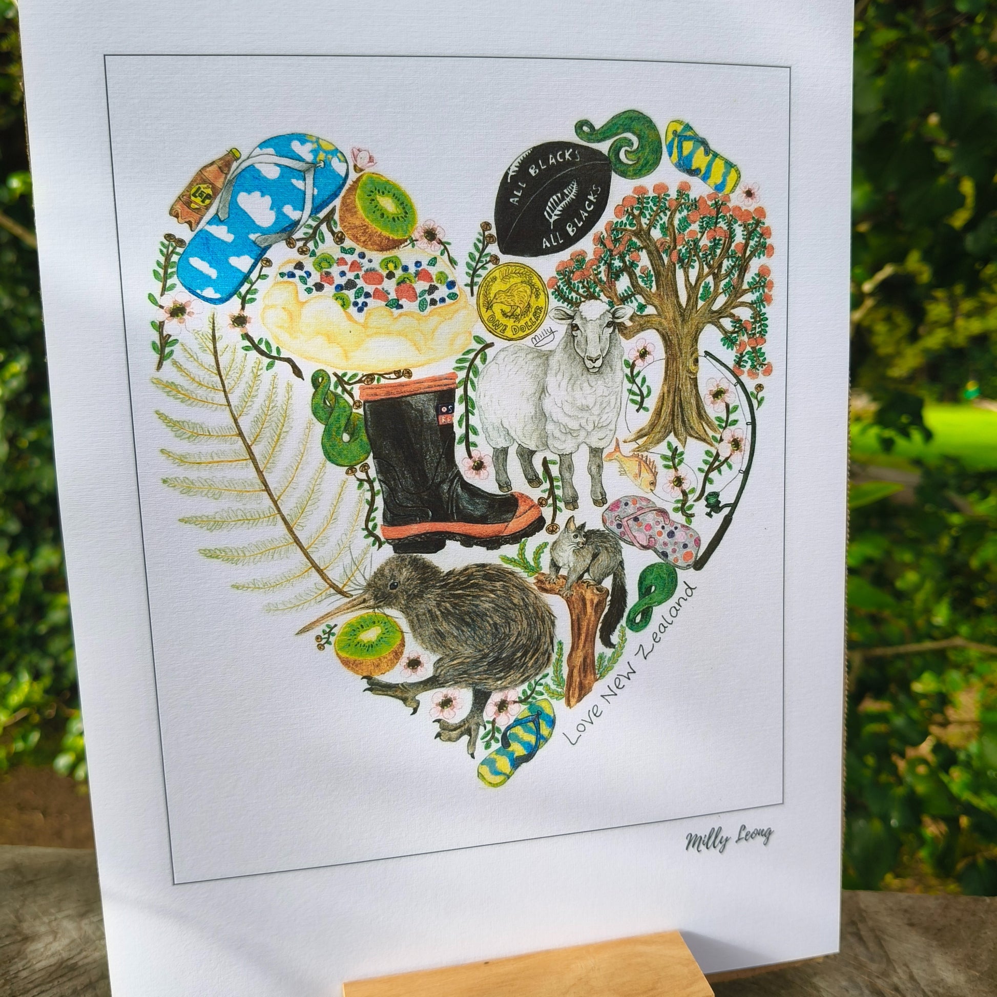 Kiwiana-themed art print by Milly – hand-drawn design featuring gumboots, sheep and kiwi