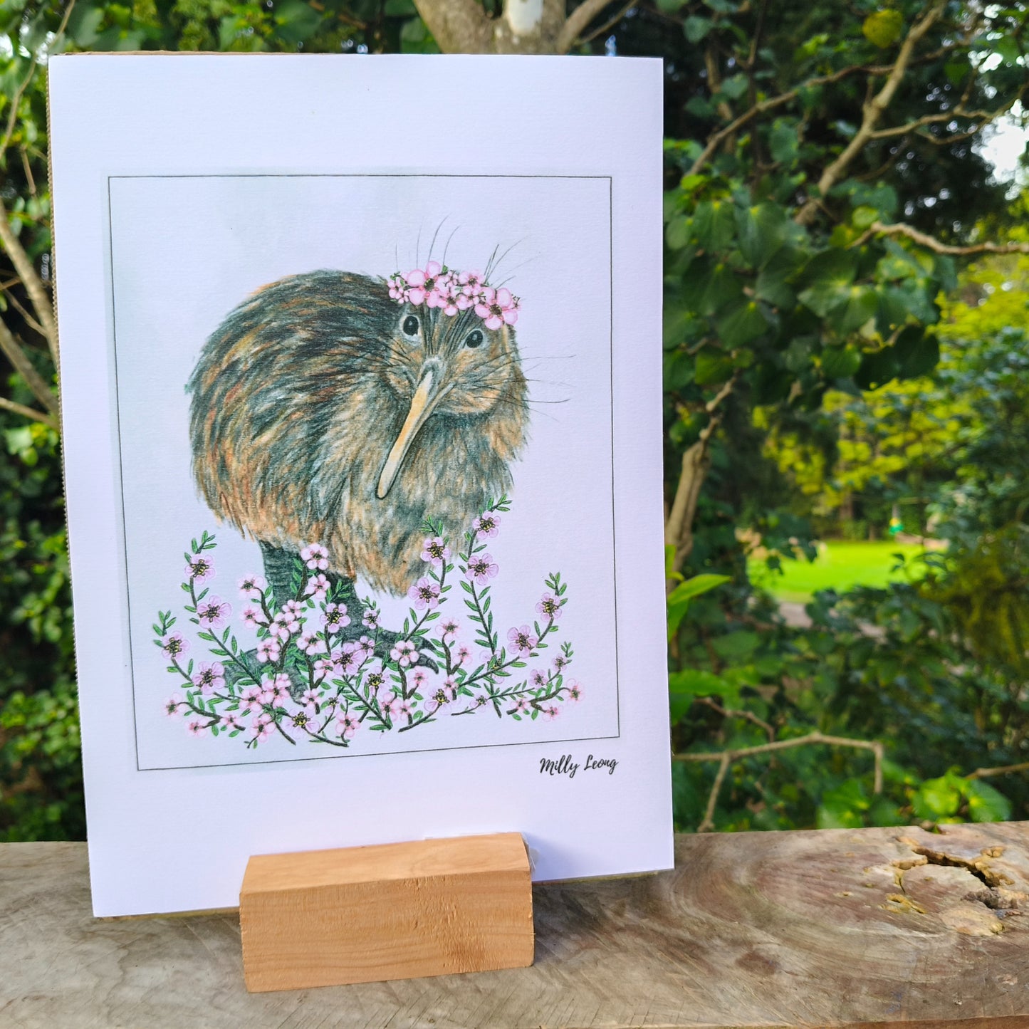 Hand-drawn NZ bird art print by Milly – featuring a Kiwi availabl ein A4, A3 A2.