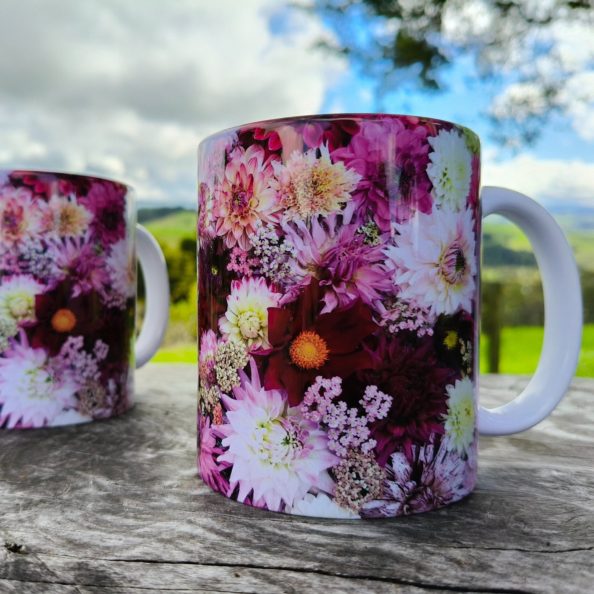 Nature photography ceramic mug featuring dahlias by Gracie-Mae