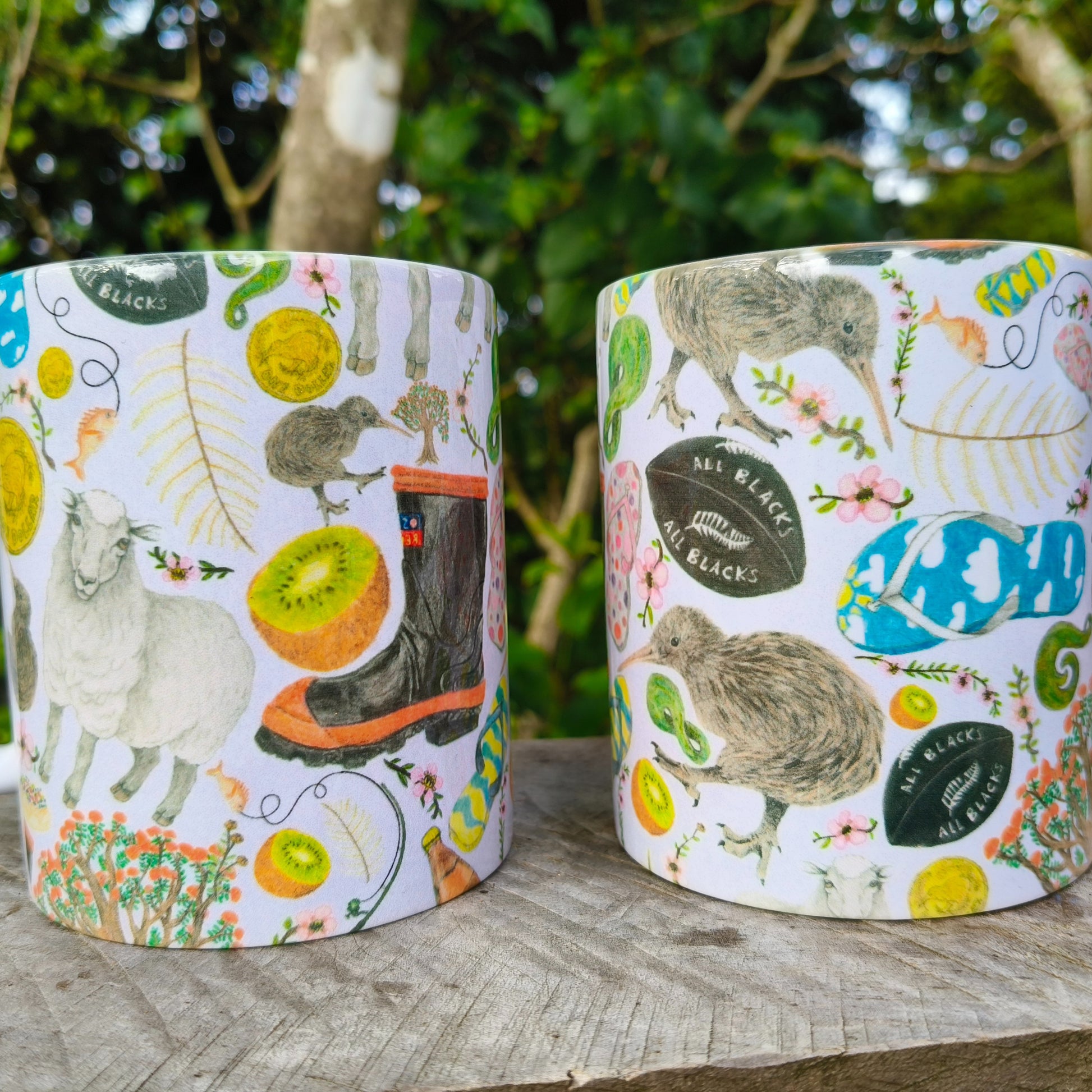 Milly’s hand-drawn kiwiana design on ceramic mug from The Stripey Caterpillar
