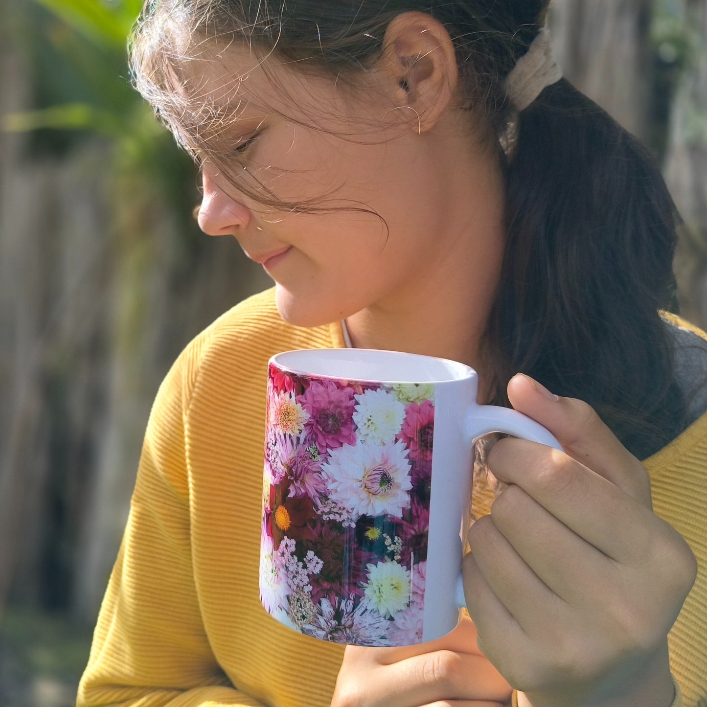 Nature photography ceramic mug featuring dahlias by Gracie-Mae