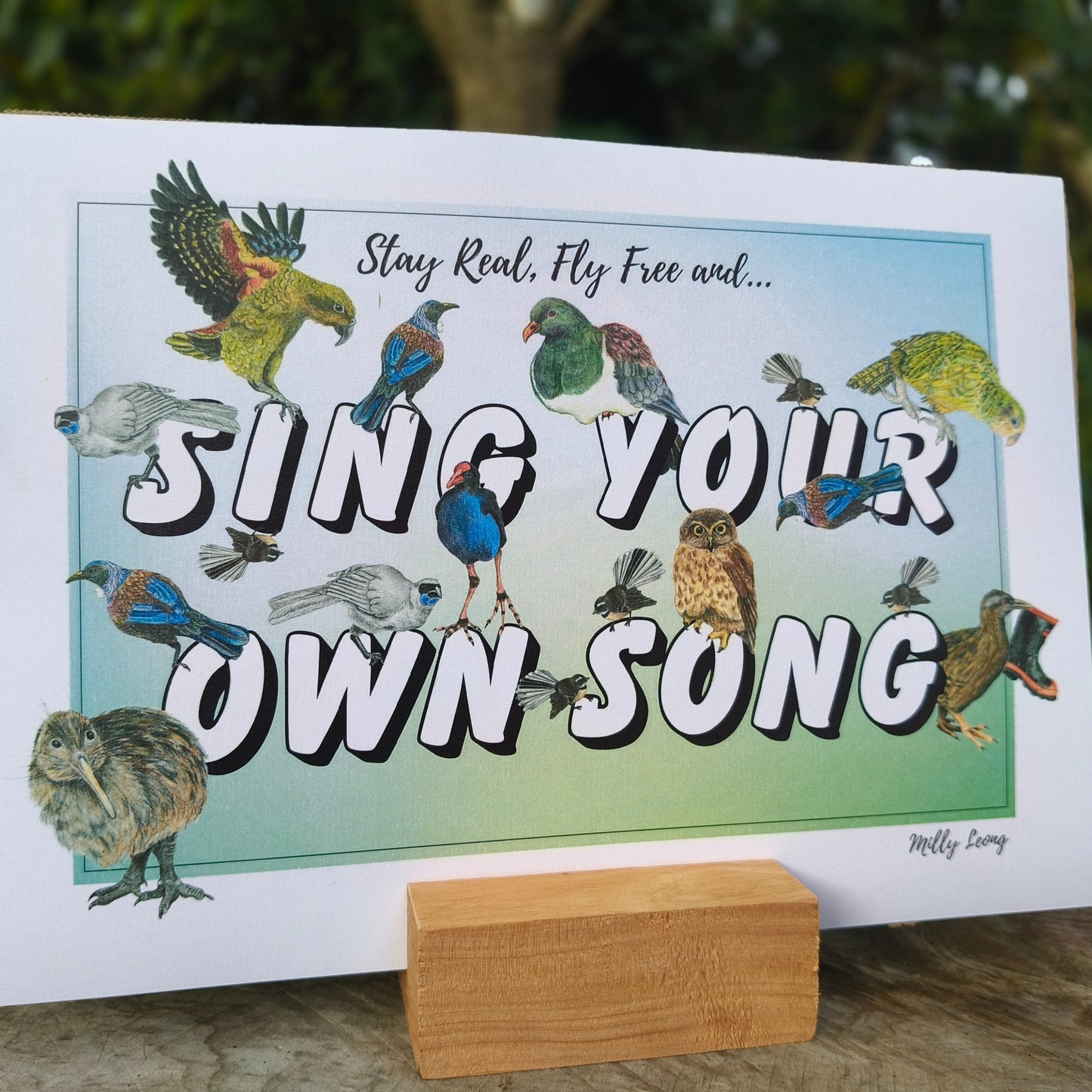 Hand-drawn NZ bird art print by Milly – featuring a Kiwi / Morepork / native bird heart