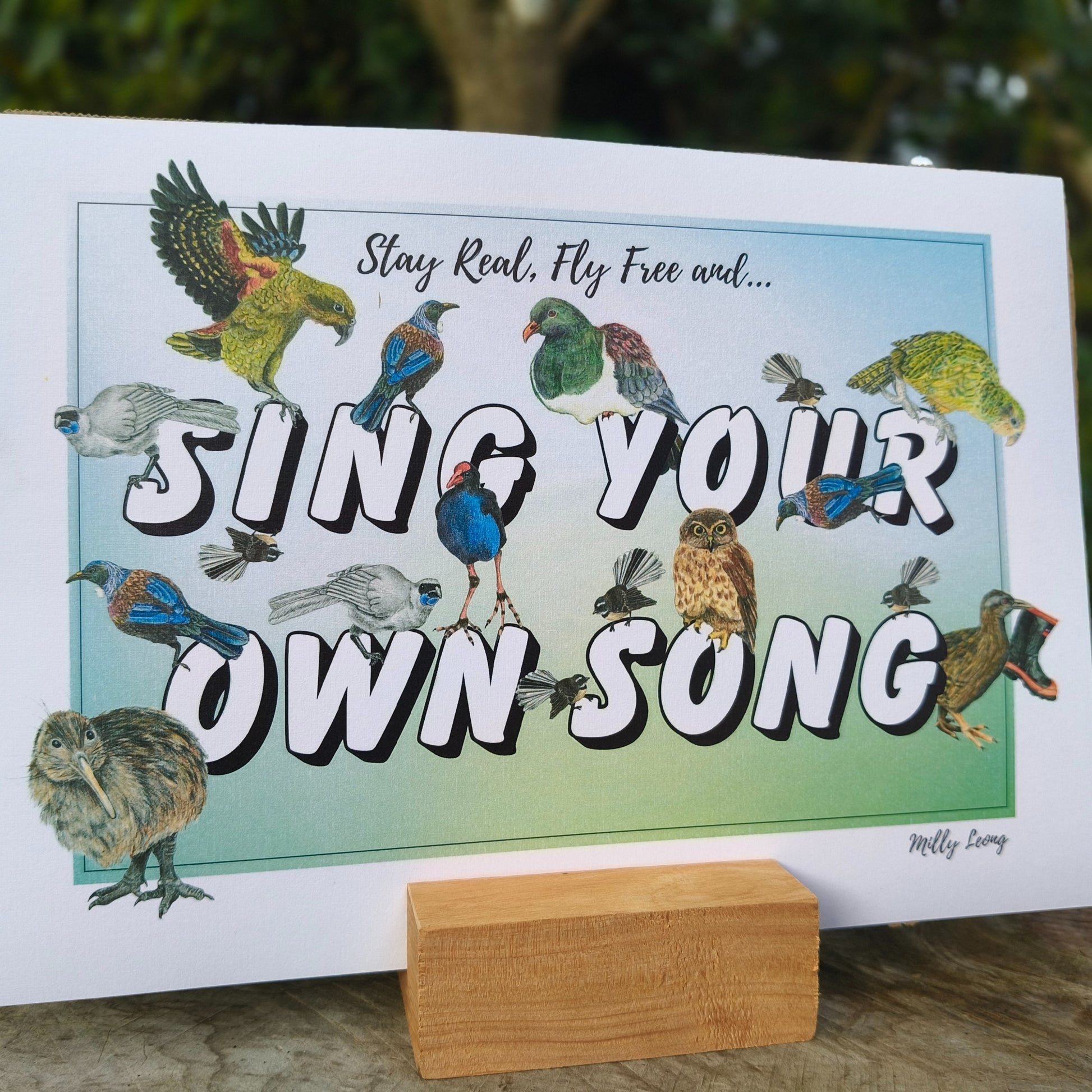 Hand-drawn NZ bird art print by Milly – featuring a Kiwi / Morepork / native bird heart