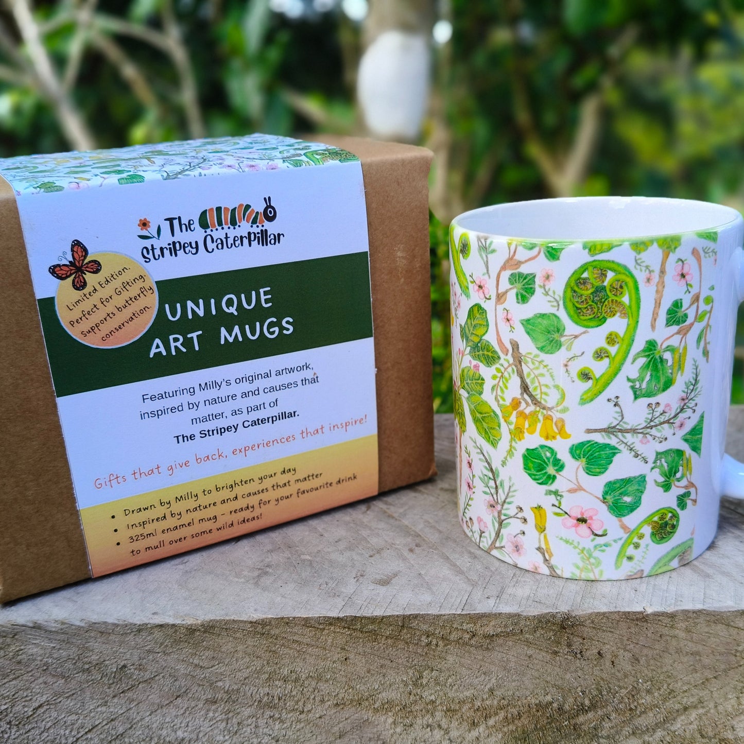Milly’s hand-drawn NZ Flora design on ceramic mug from The Stripey Caterpillar