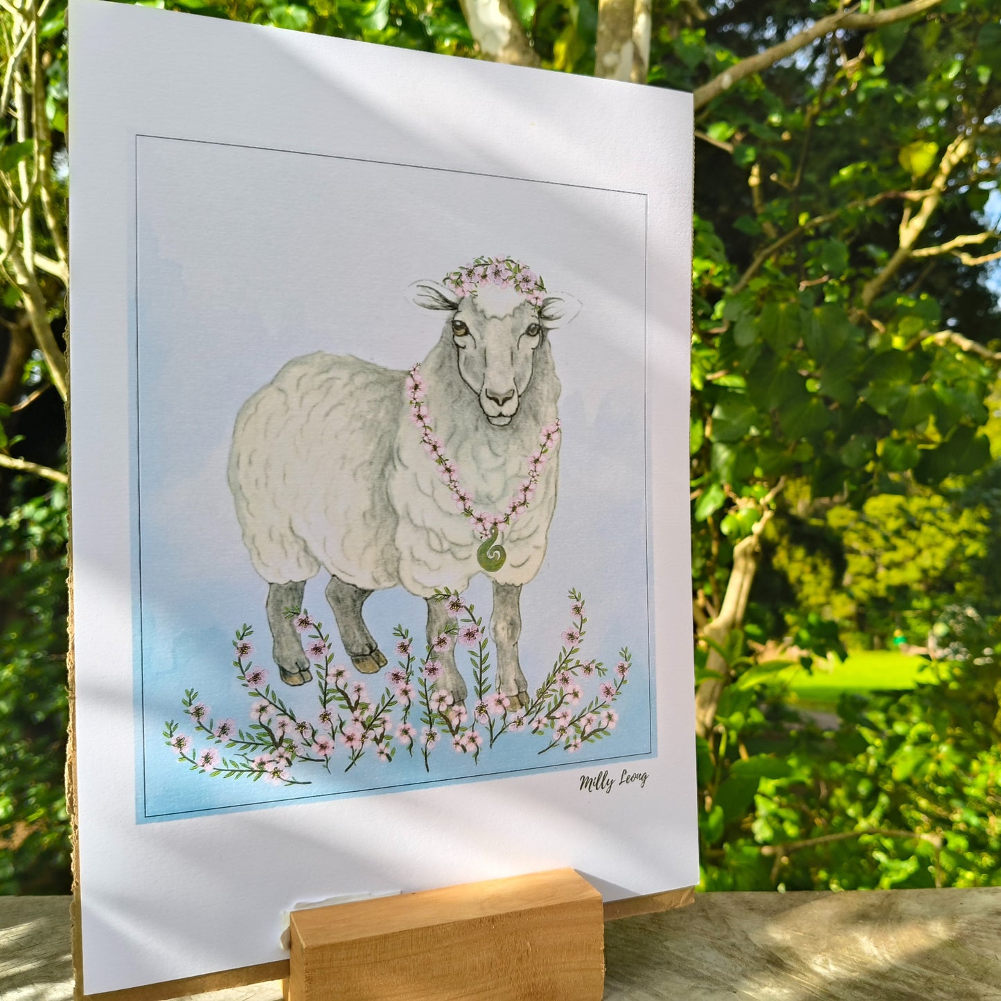 Kiwiana-themed art print by Milly – hand-drawn design featuring a sheep