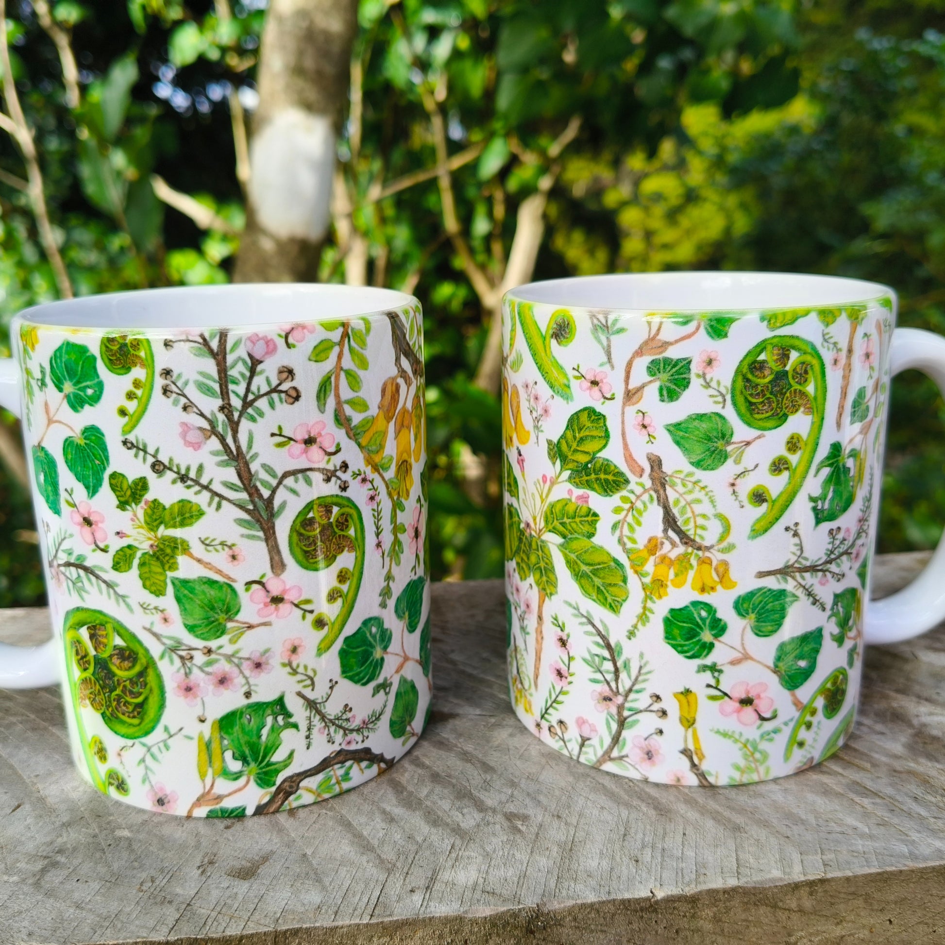 Milly’s hand-drawn NZ Flora design on ceramic mug from The Stripey Caterpillar