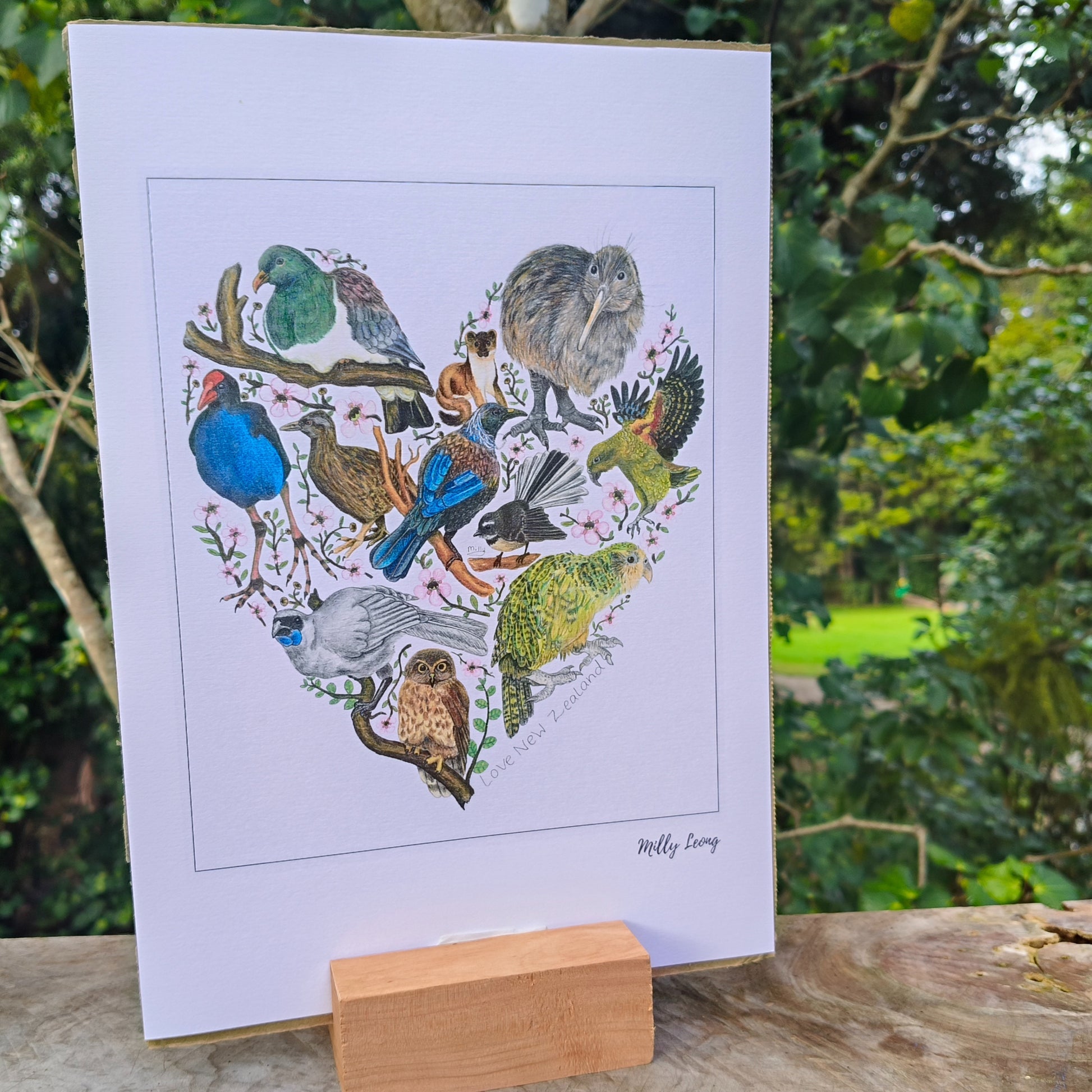 Hand-drawn NZ bird art print by Milly – featuring a Kiwi / Morepork / native bird heart