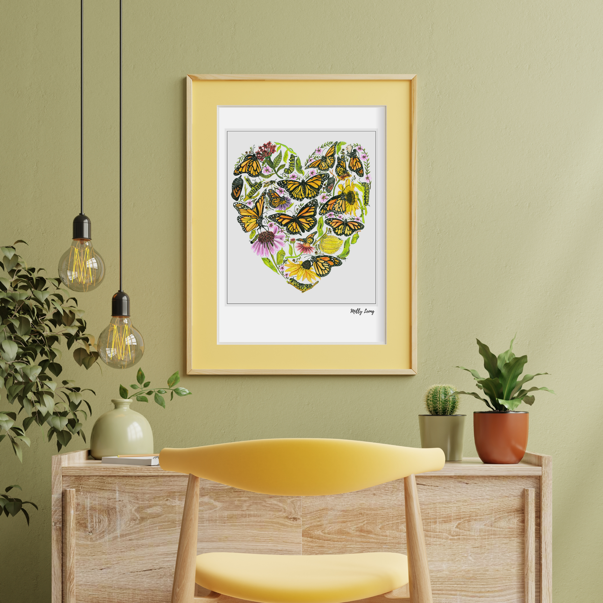 Framed butterfly heart print hand drawn by Milly from The Stripey Caterpillar.