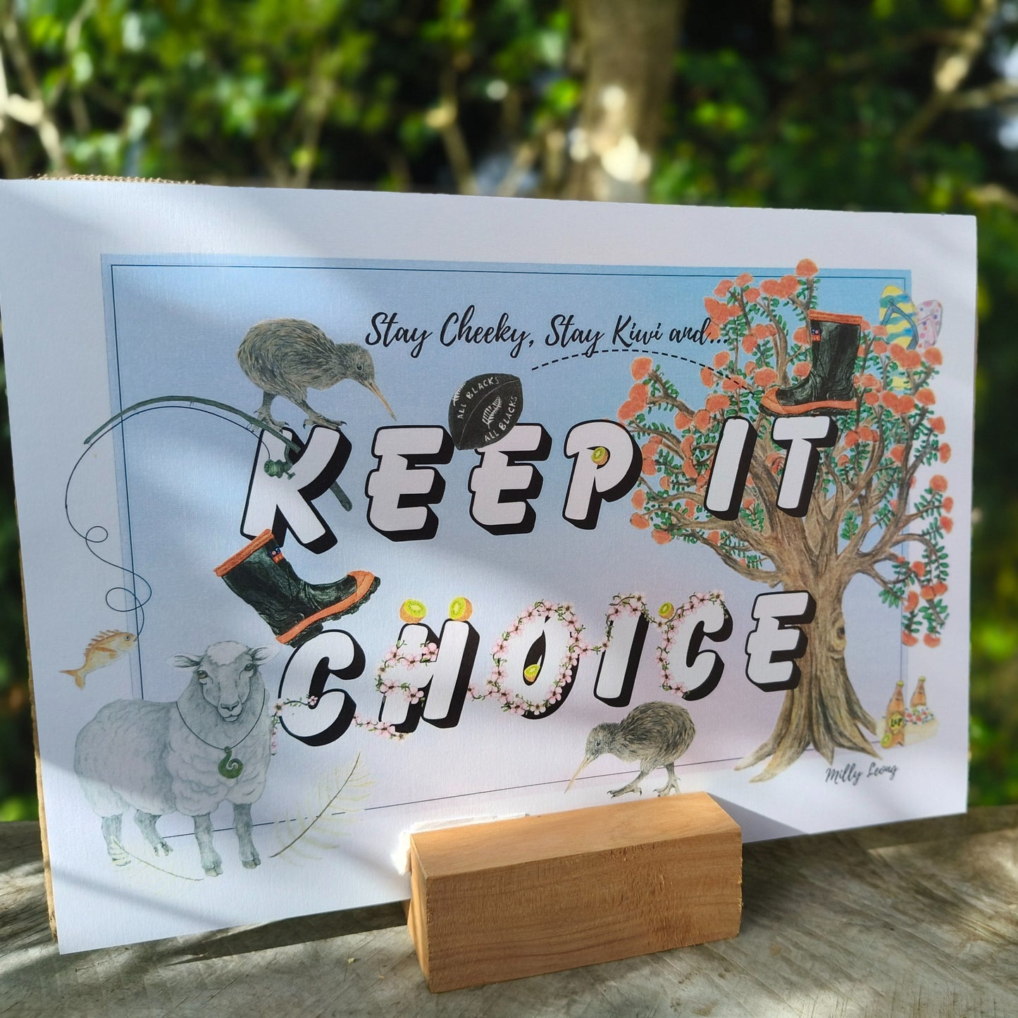 Kiwiana-themed art print by Milly – hand-drawn design featuring a sheep, kiwi and gumboots