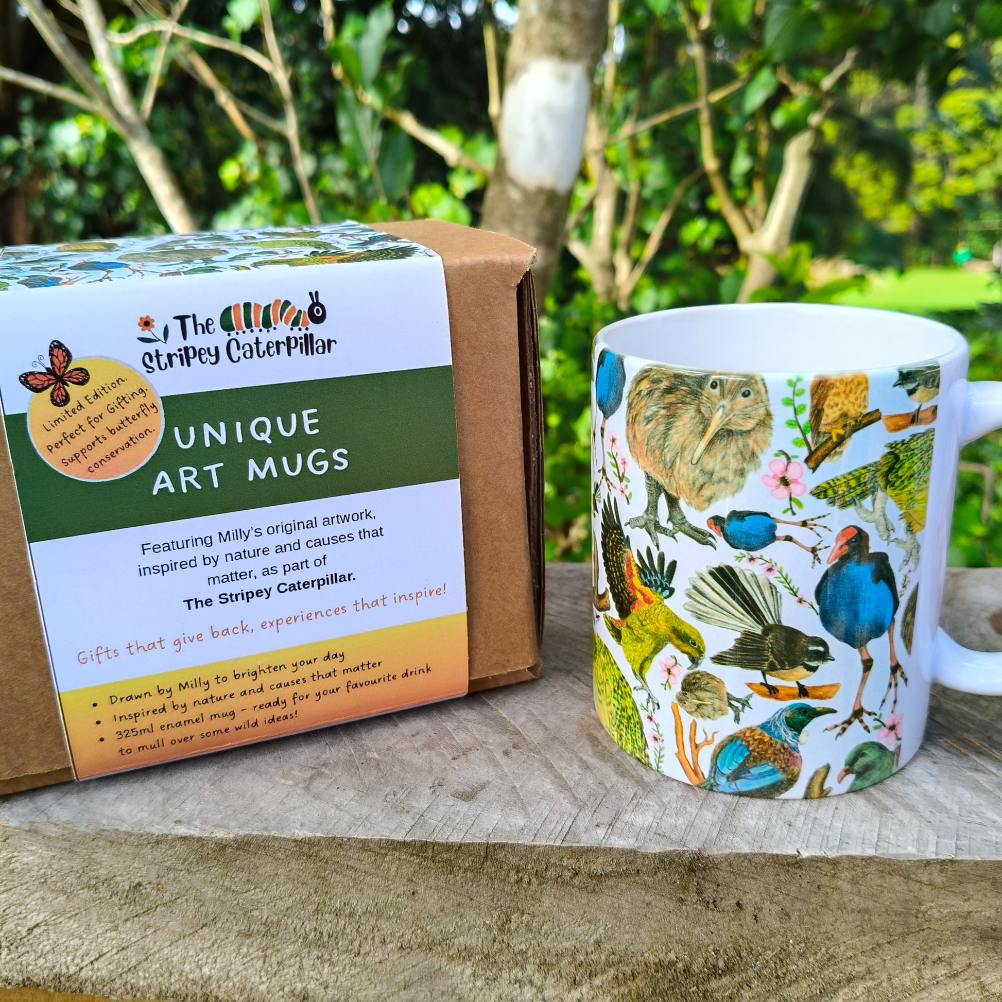 Milly’s hand-drawn NZ Birds design on ceramic mug from The Stripey Caterpillar