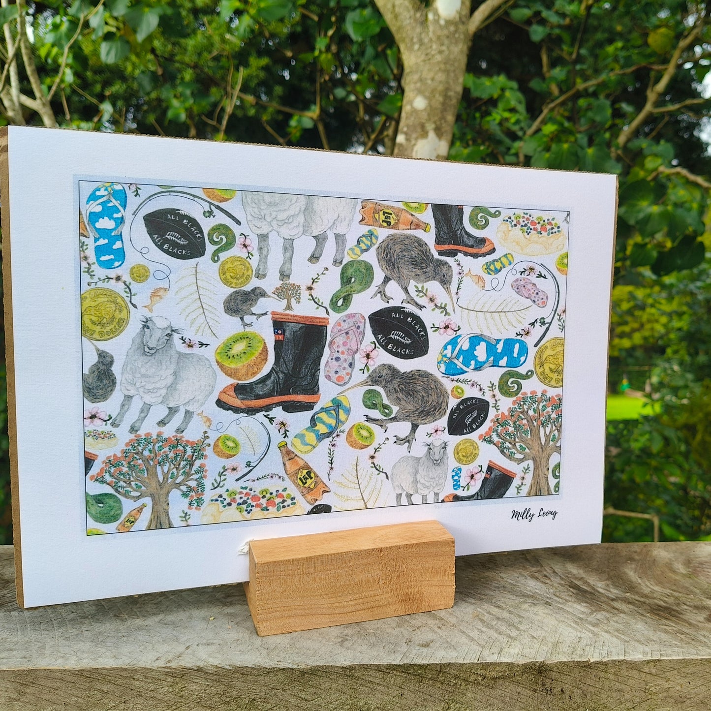 Kiwiana-themed art print by Milly – hand-drawn design featuring kiwi, gumboots and pavlova