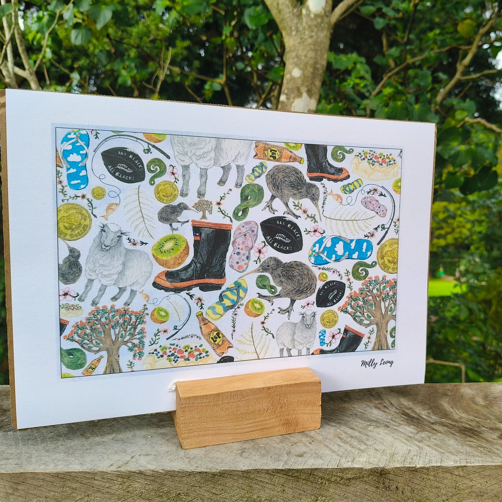 Kiwiana-themed art print by Milly – hand-drawn design featuring kiwi, gumboots and pavlova