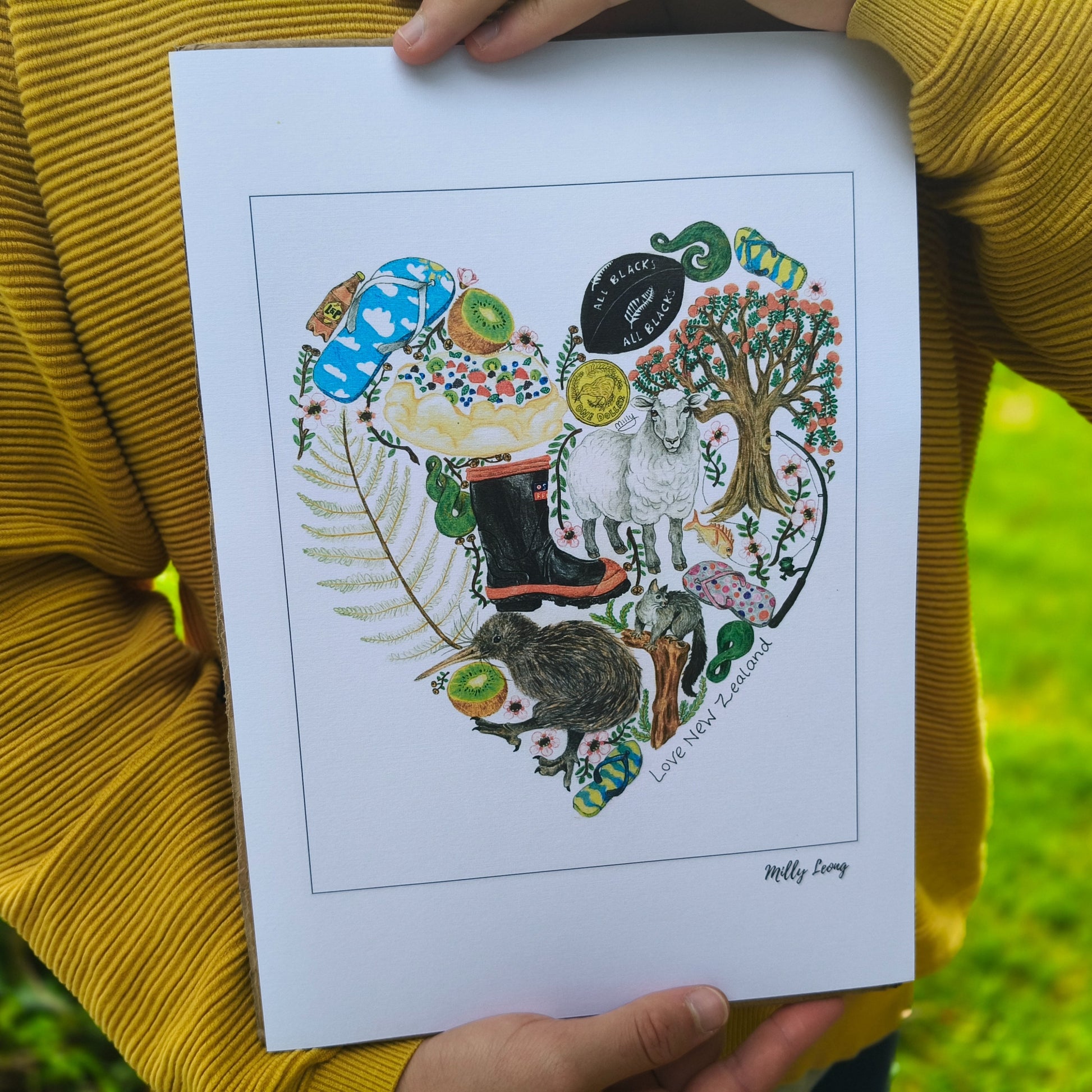 Kiwiana-themed art print by Milly – hand-drawn design featuring gumboots, sheep and kiwi