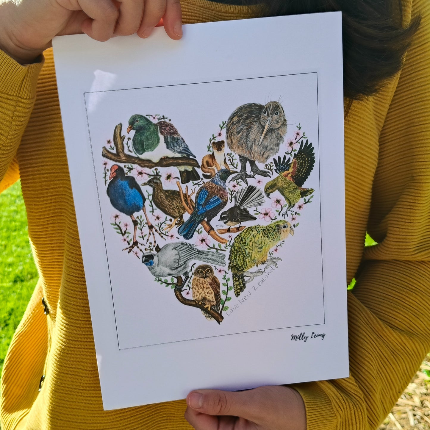 Hand-drawn NZ bird art print by Milly – featuring a Kiwi / Morepork / native bird heart