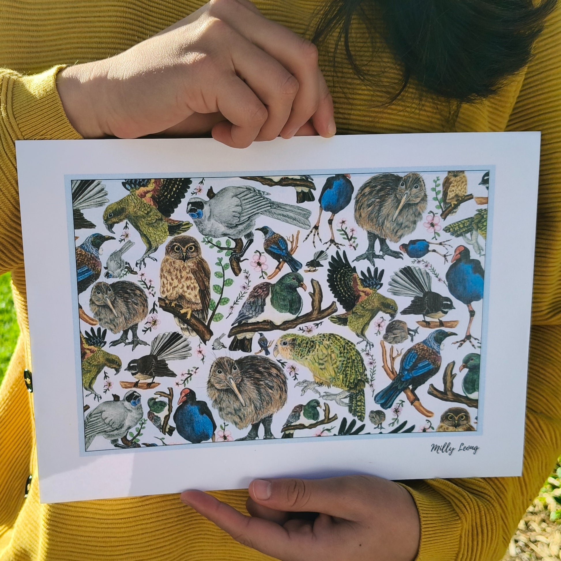 Hand-drawn NZ bird art print by Milly – featuring a Kiwi / Morepork / native bird heart