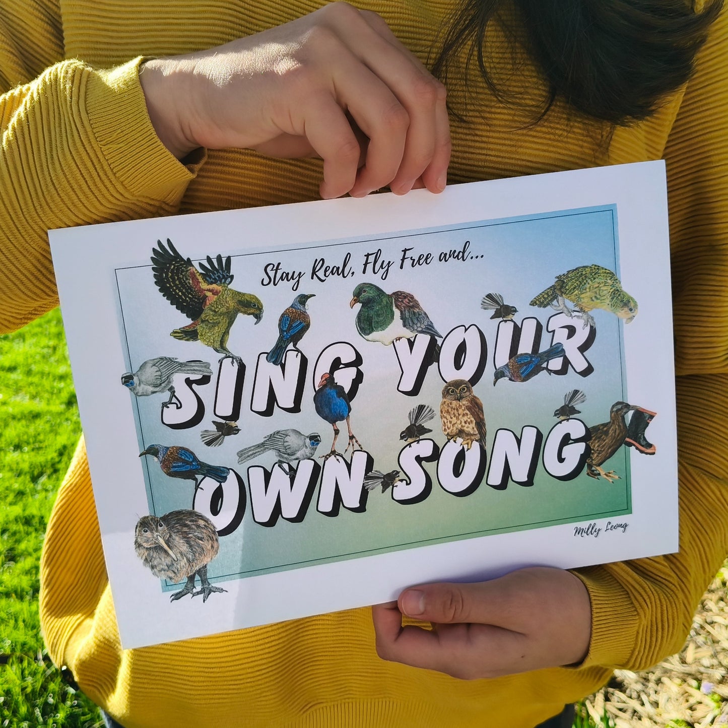 Hand-drawn NZ bird art print by Milly – featuring a Kiwi / Morepork / native bird heart