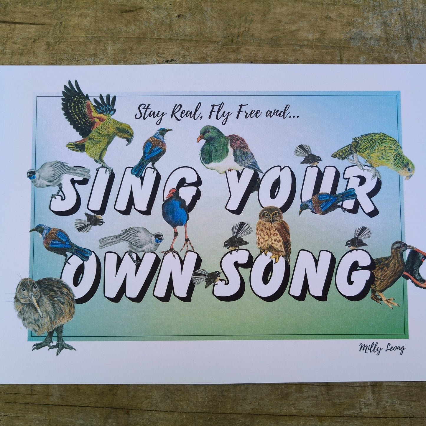 Hand-drawn NZ bird art print by Milly – featuring a Kiwi / Morepork / native bird heart