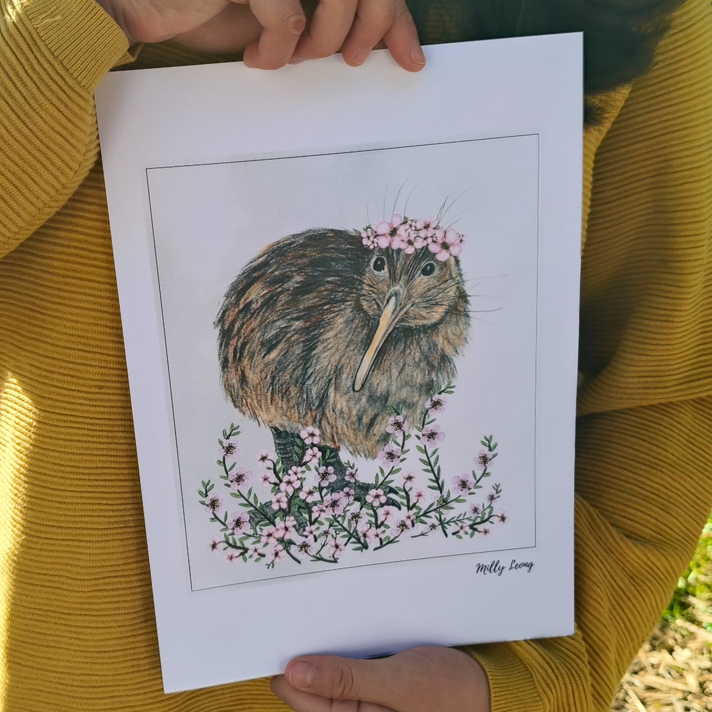 Hand-drawn NZ bird art print by Milly – featuring a Kiwi availabl ein A4, A3 A2.