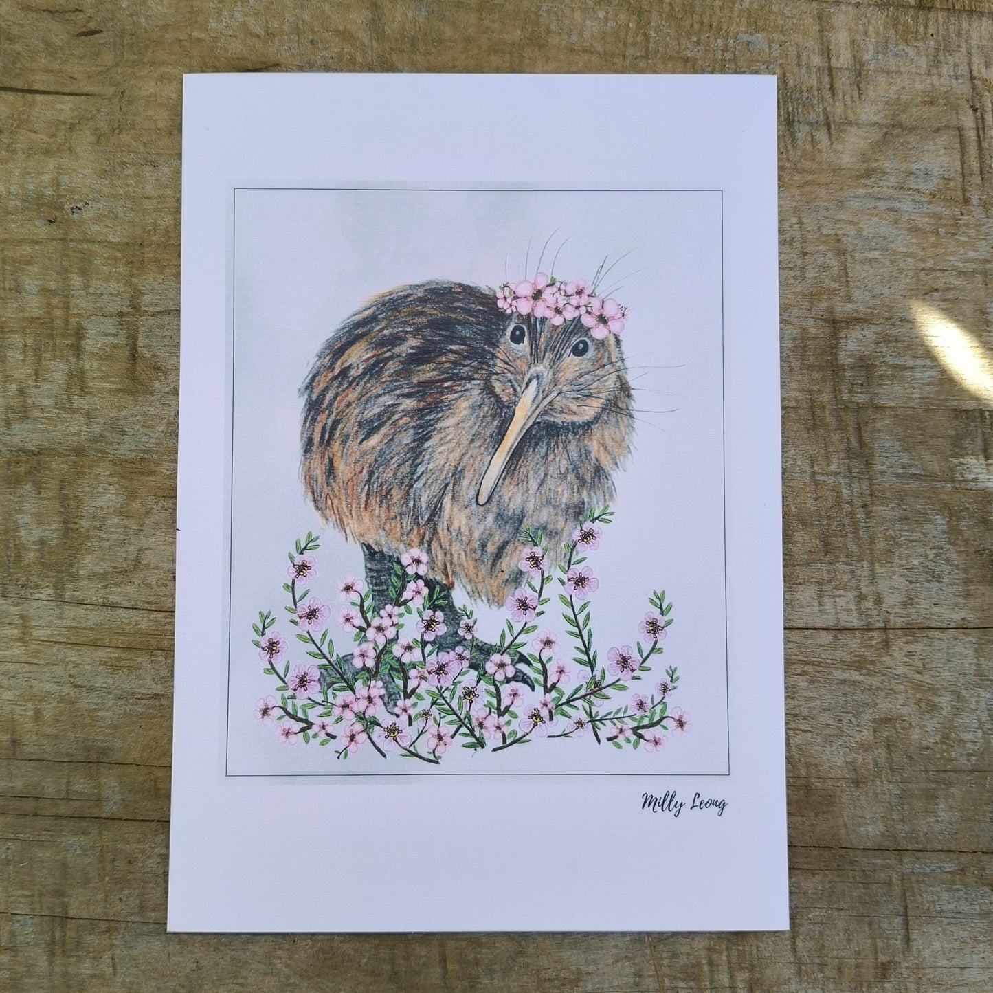 Hand-drawn NZ bird art print by Milly – featuring a Kiwi availabl ein A4, A3 A2.