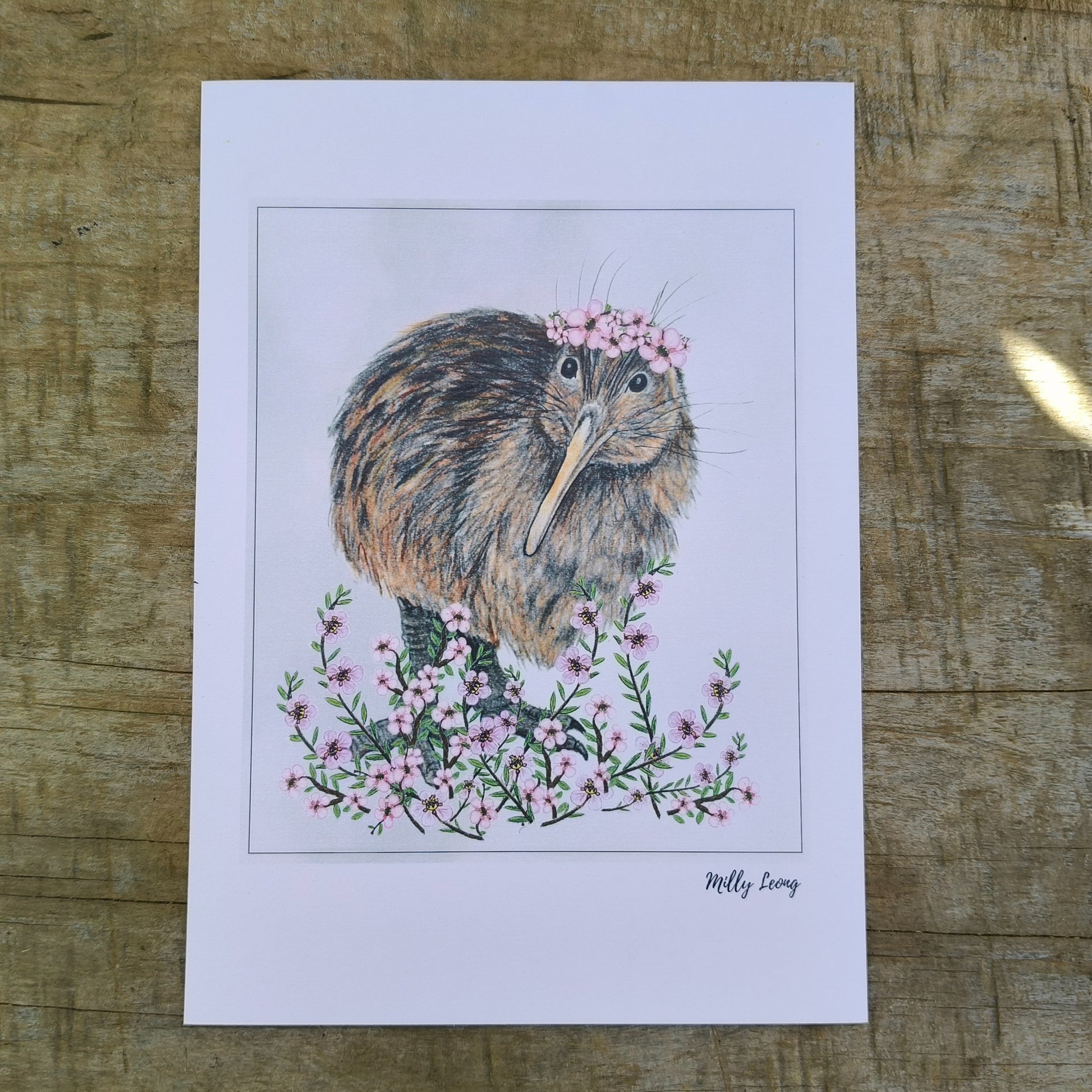Hand-drawn NZ bird art print by Milly – featuring a Kiwi availabl ein A4, A3 A2.