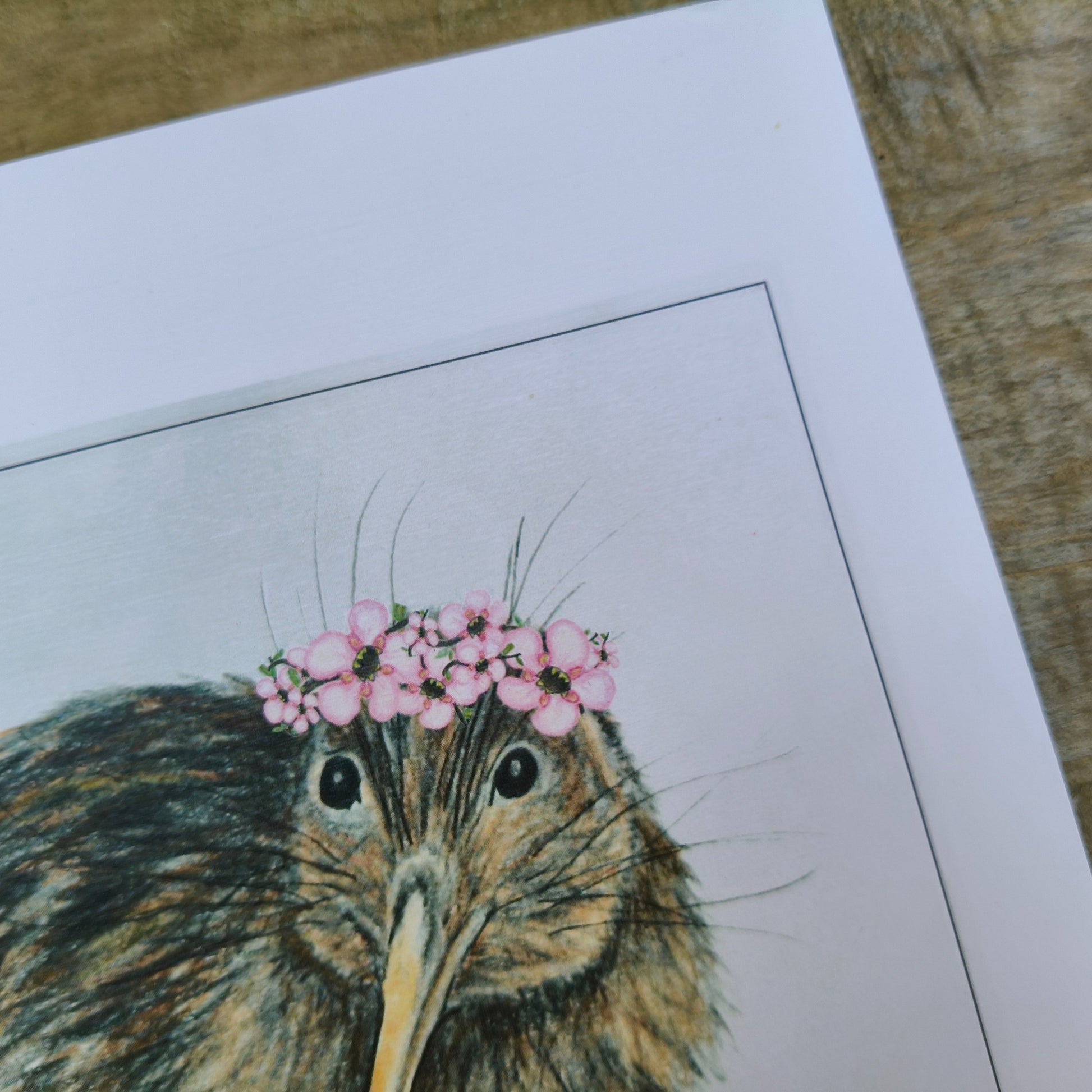 Hand-drawn NZ bird art print by Milly – featuring a Kiwi availabl ein A4, A3 A2.