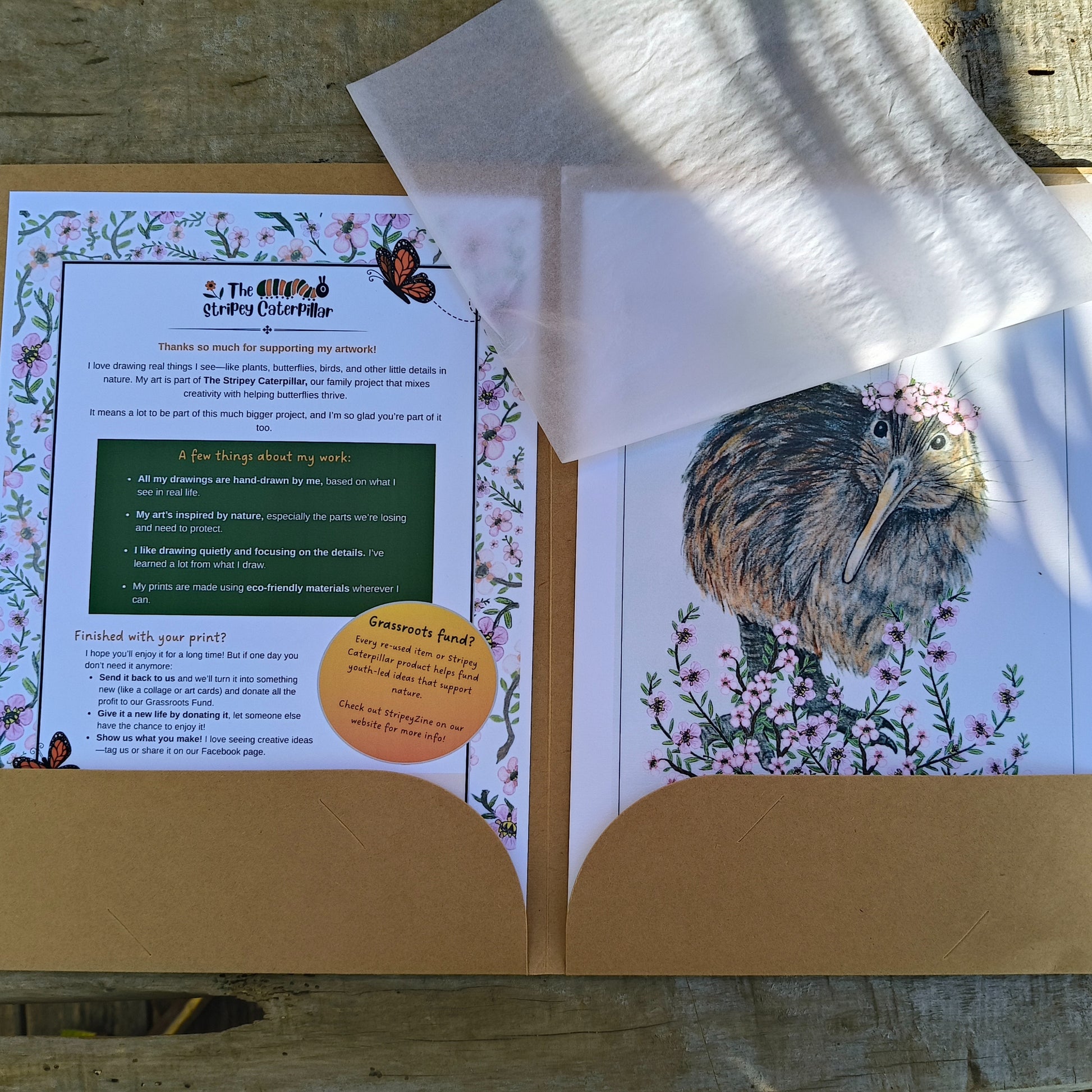 Hand-drawn NZ bird art print by Milly – featuring a Kiwi availabl ein A4, A3 A2.