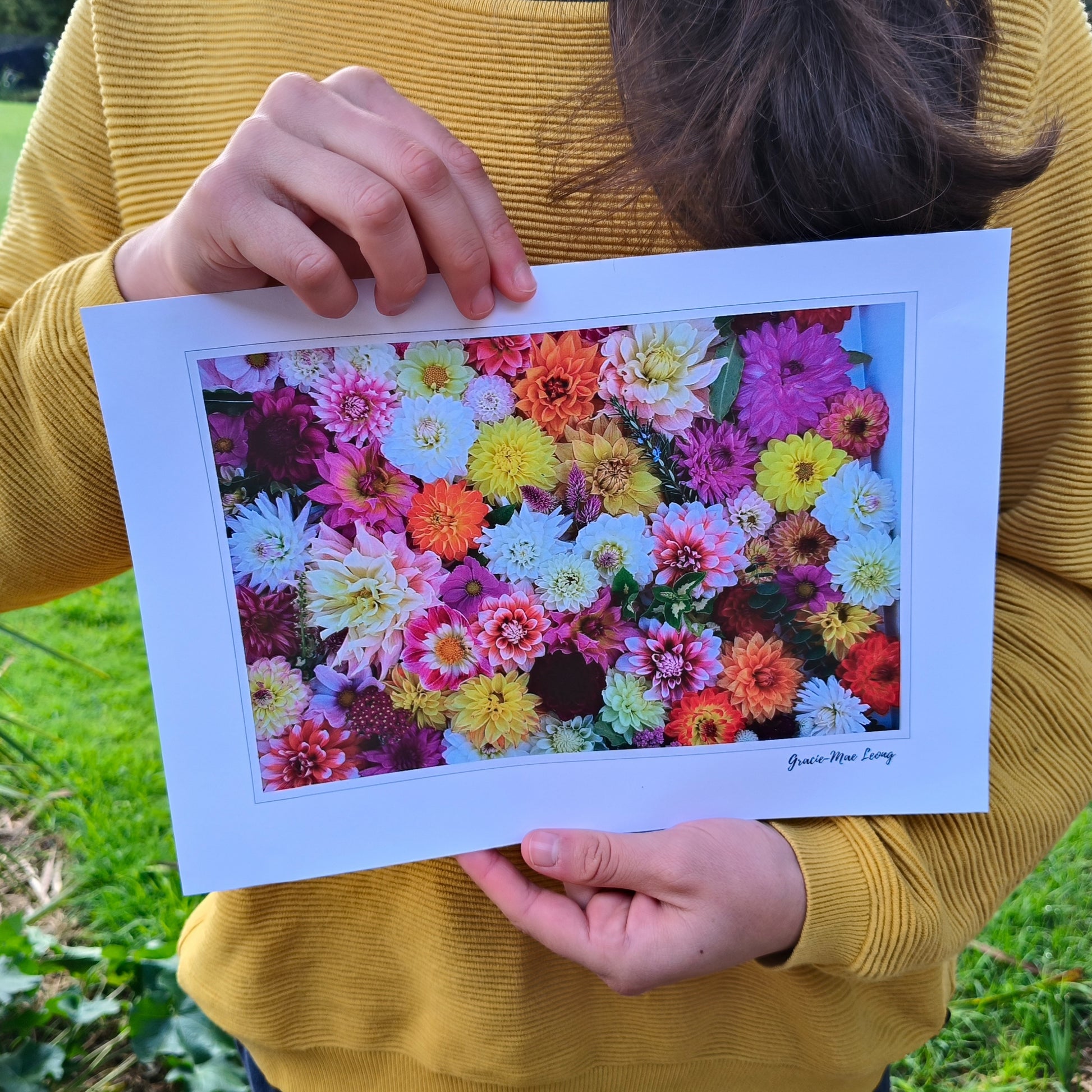 Mixed dahlia delights held by Milly from The stripey Caterpillar