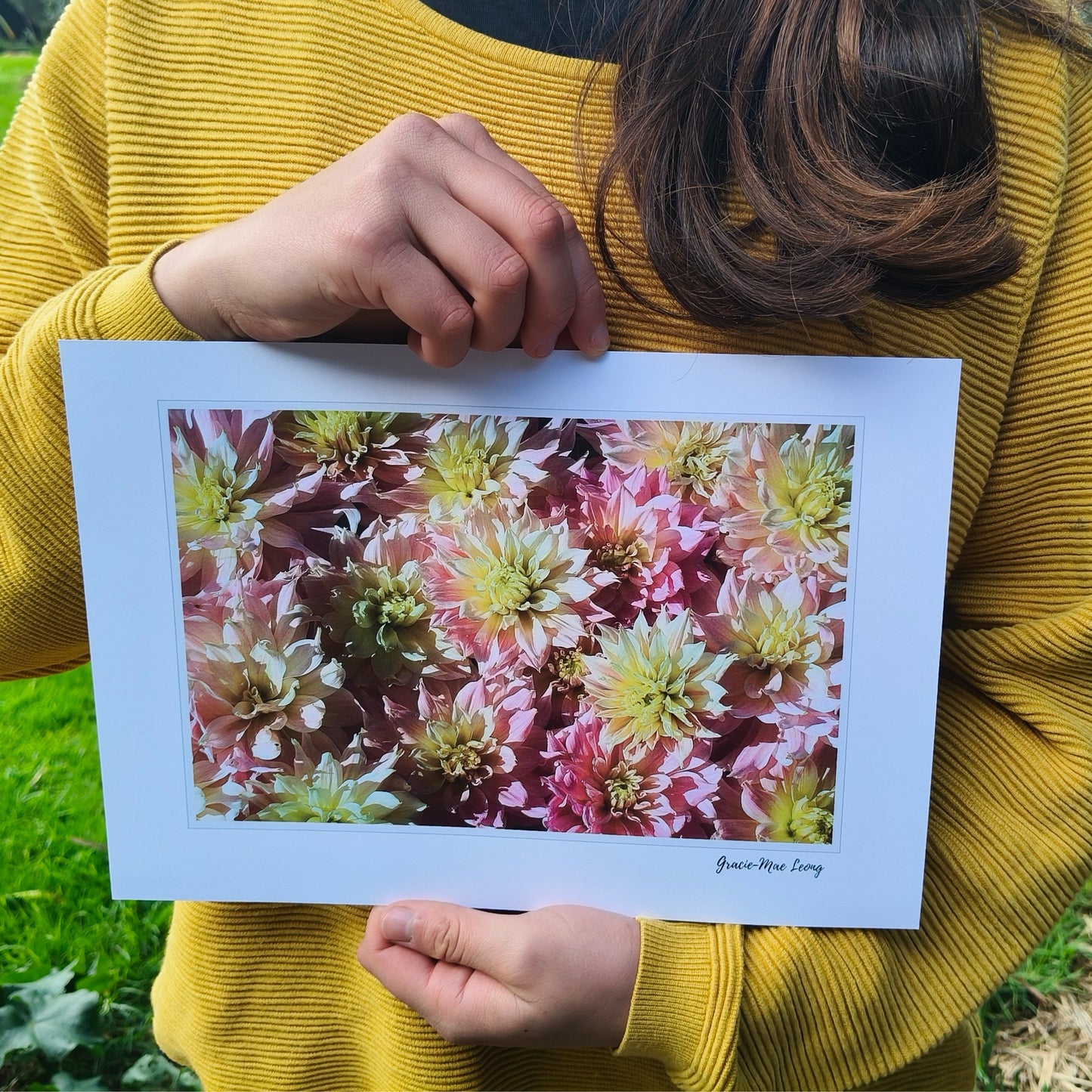 Wedding Dahlia Delight flatlay art print by Gracie-Mae – available in A4, A3, A2