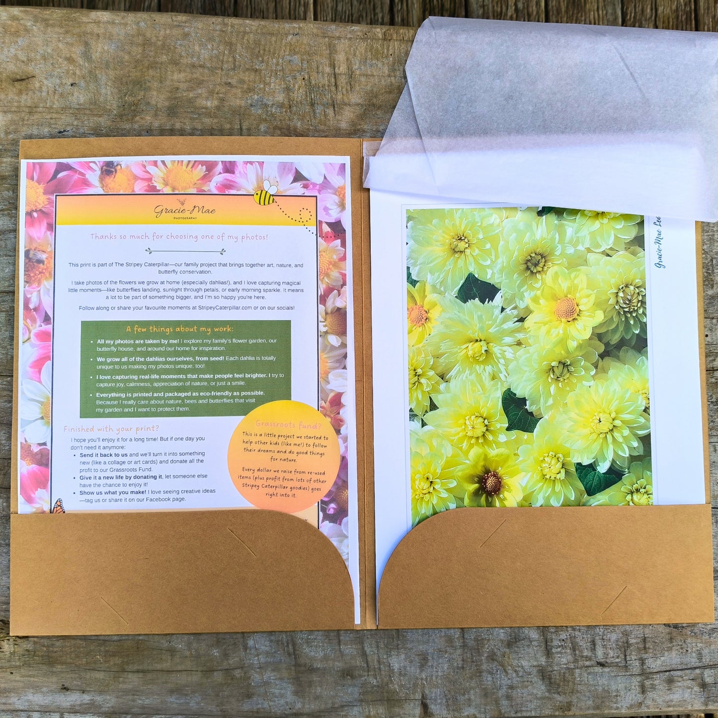 Sunny Yellow Dahlia flatlay art print by Gracie-Mae – available in A4, A3, A2