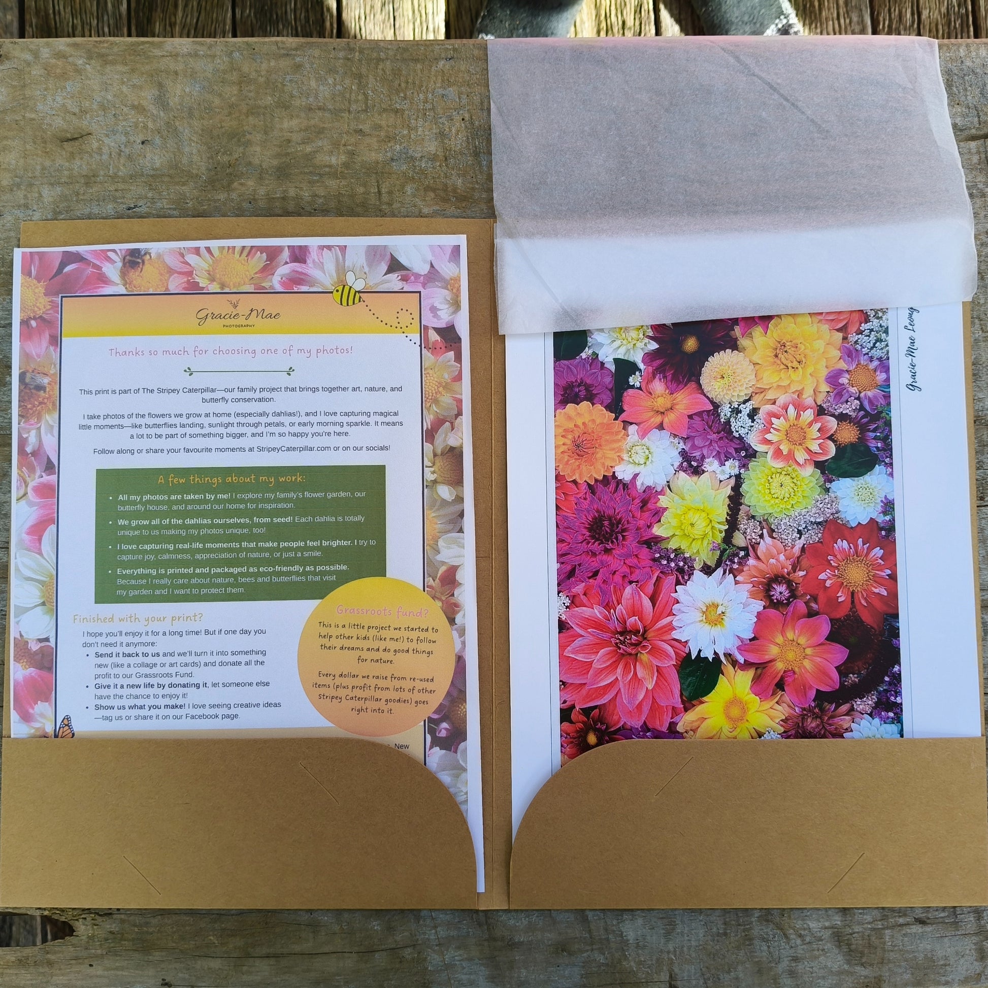 Dazzling Dahlia flatlay art print by Gracie-Mae – available in A4, A3, A2