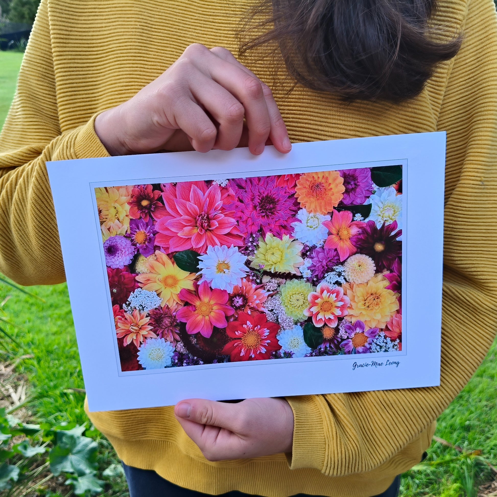 Dazzling Dahlia flatlay art print by Gracie-Mae – available in A4, A3, A2