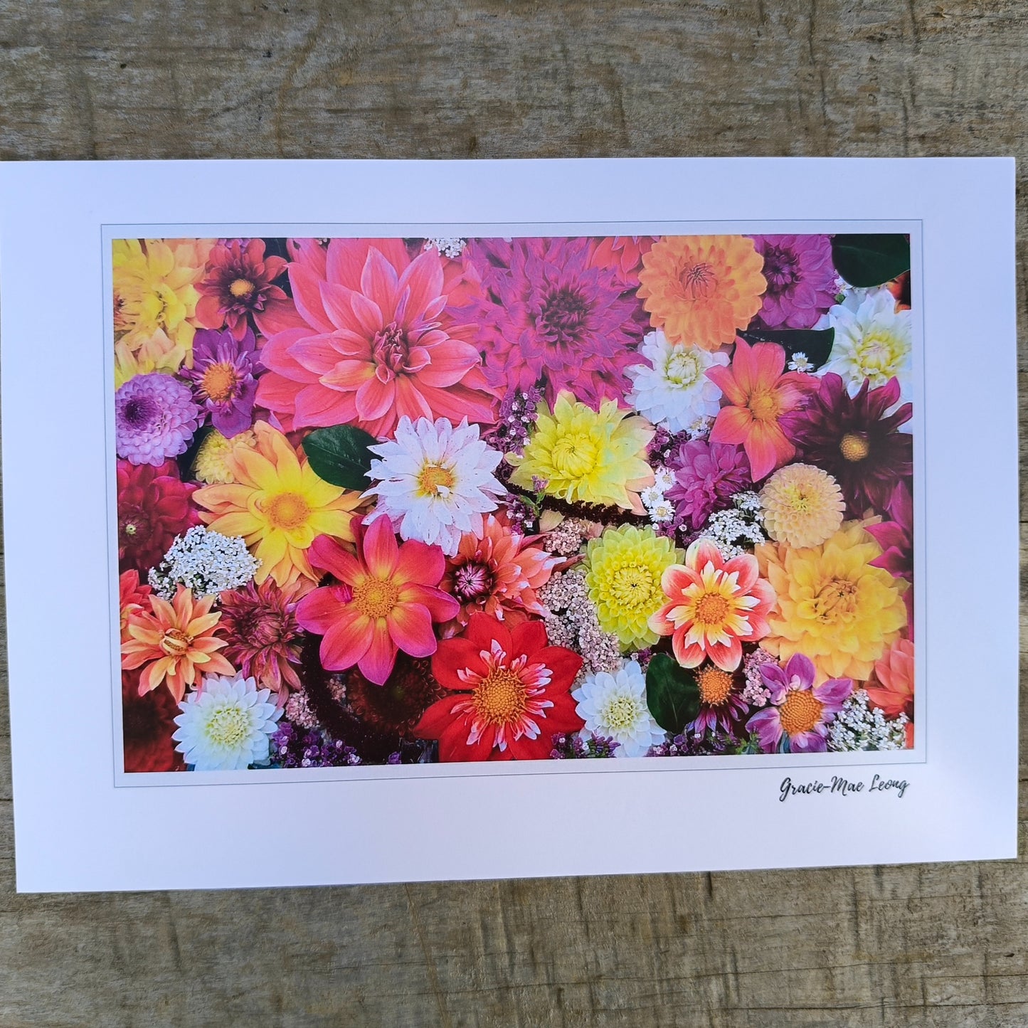 Dazzling Dahlia flatlay art print by Gracie-Mae – available in A4, A3, A2