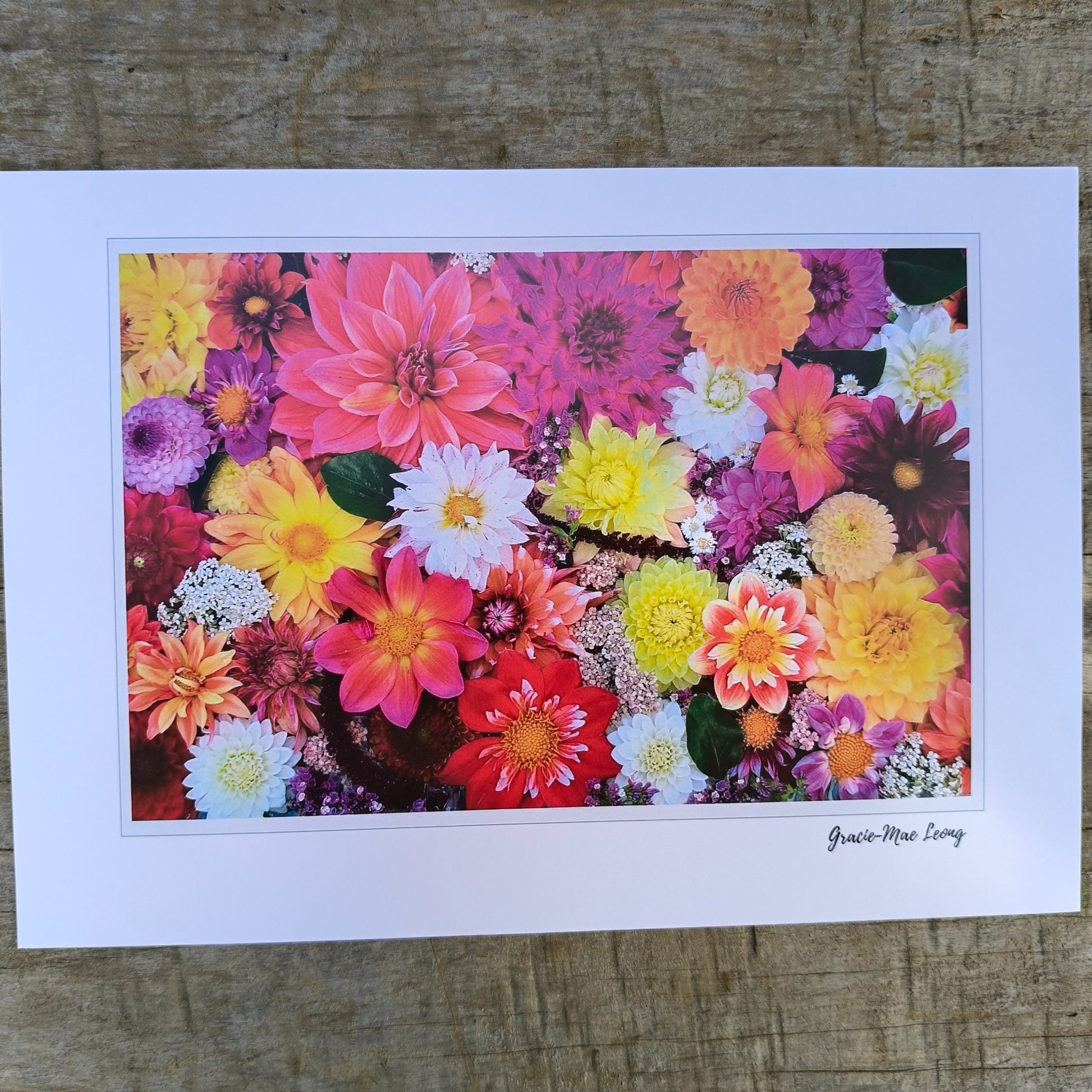 Dazzling Dahlia flatlay art print by Gracie-Mae – available in A4, A3, A2
