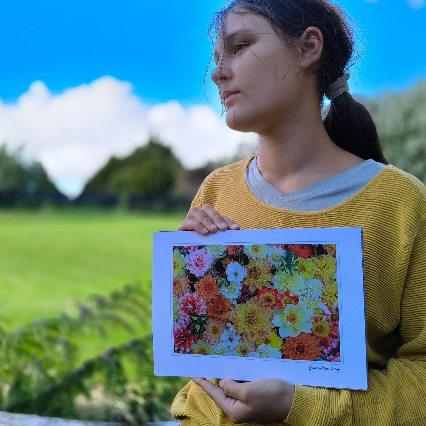 Sunny Dahlia flatlay art print by Gracie-Mae – available in A4, A3, A2