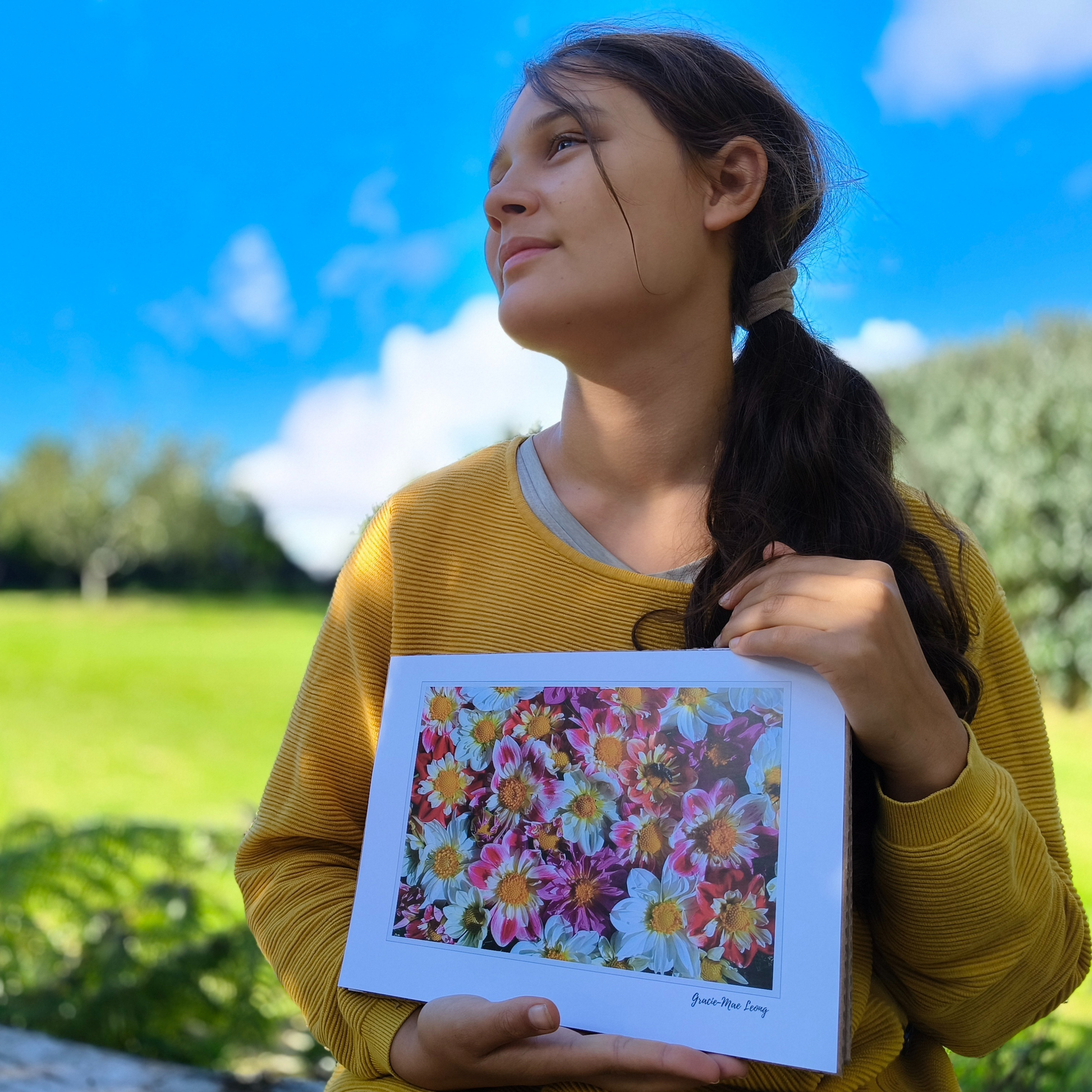 Collarette Dahlia flatlay art print by Gracie-Mae – available in A4, A3, A2